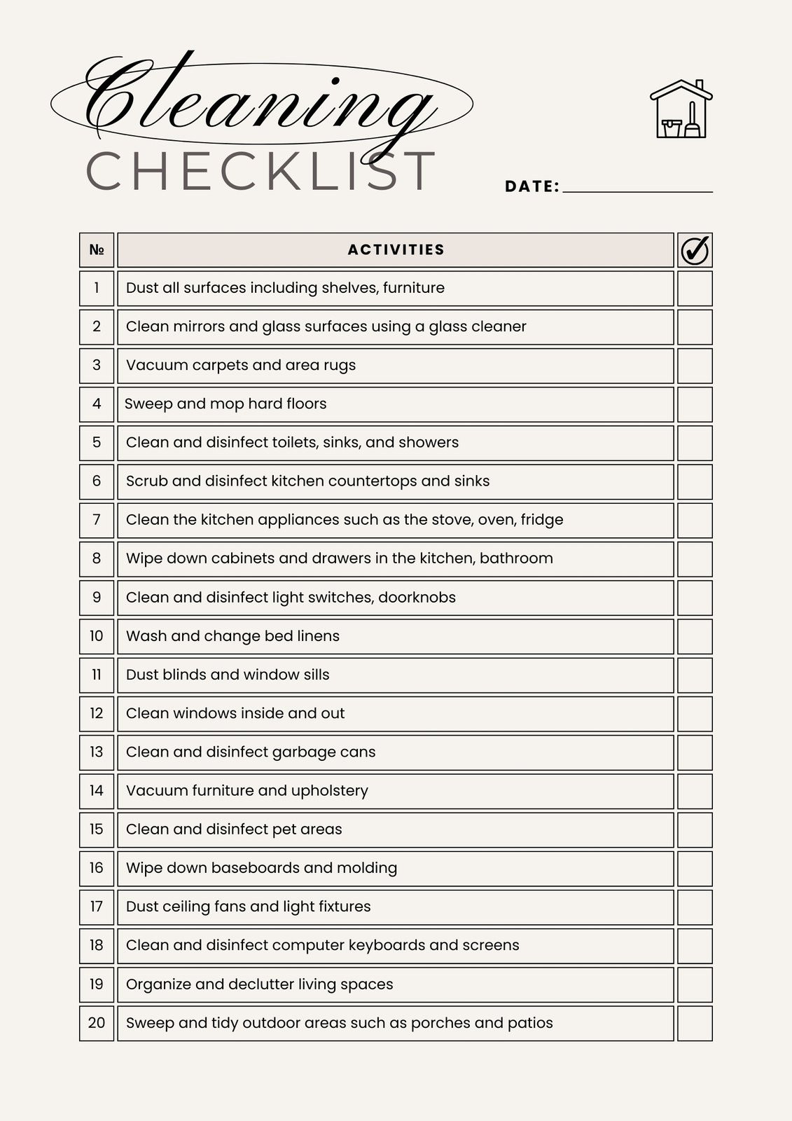 sample cleaning checklist template