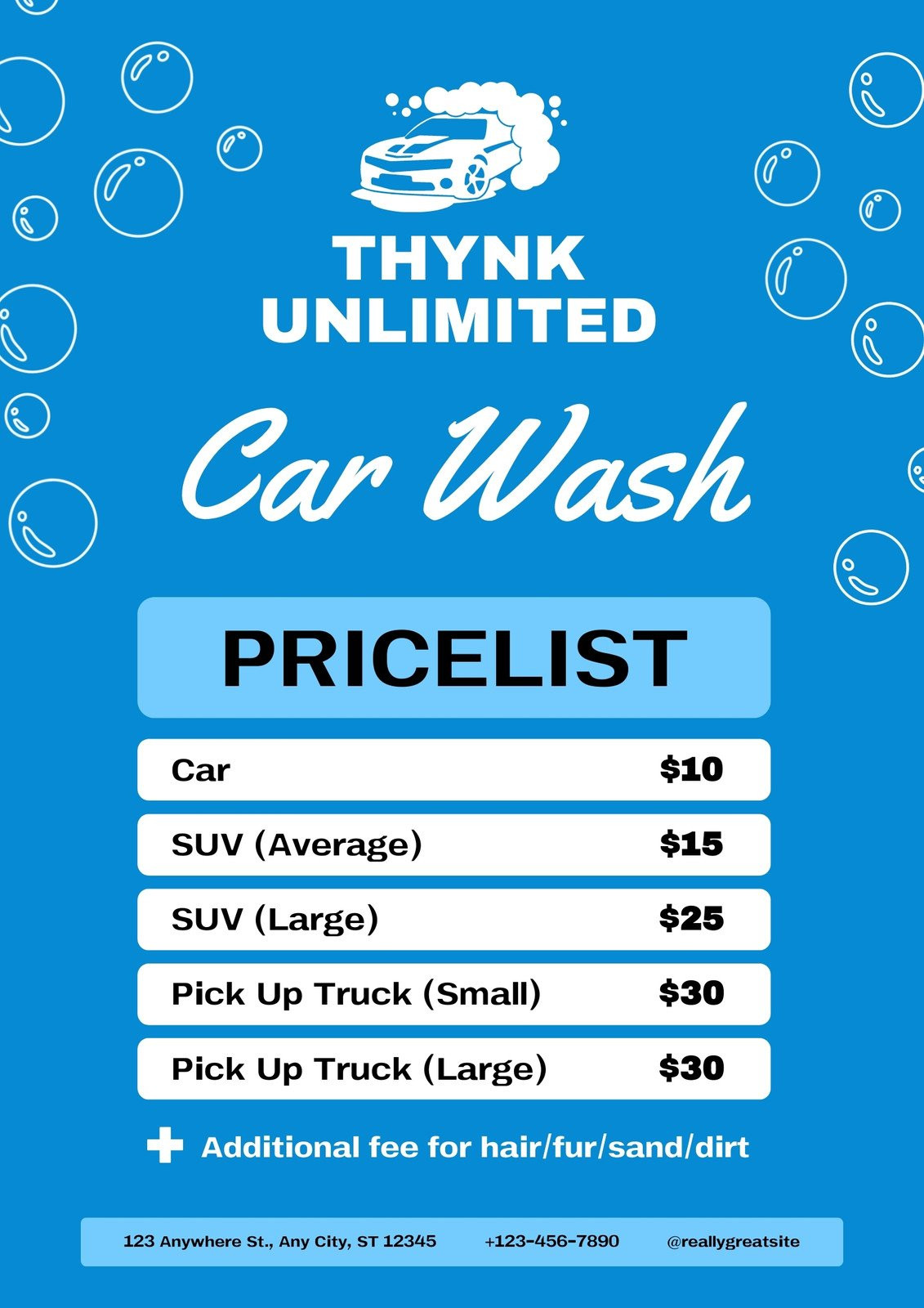 sample Car Wash Price List Template