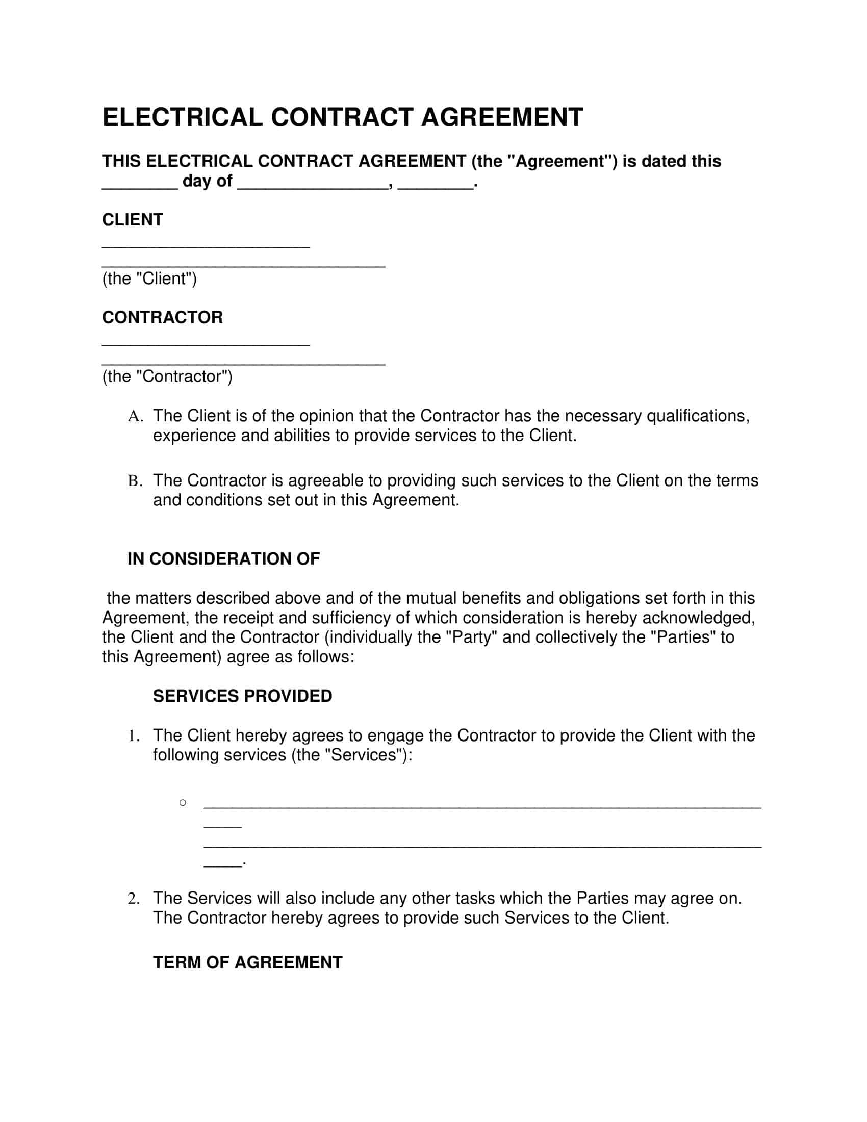 sample electrical contract agreement template