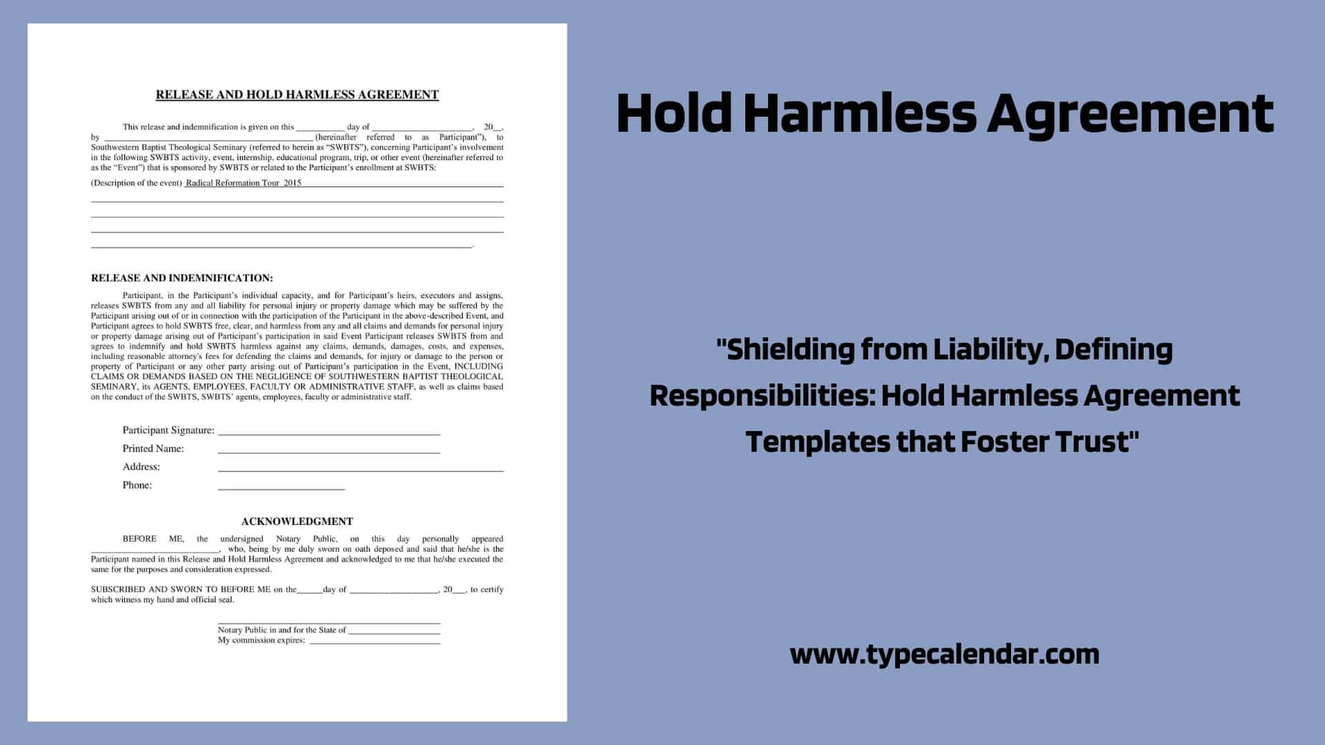 sample hold harmless agreement template