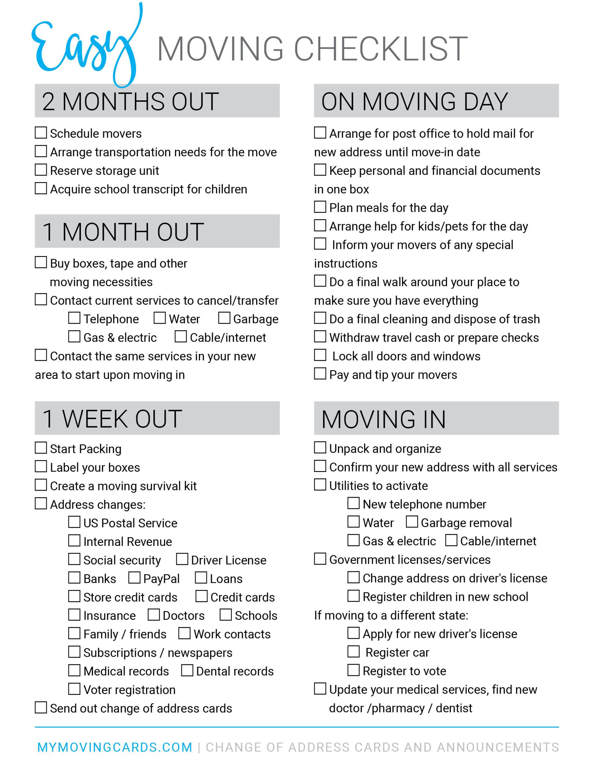 Free printable moving checklist Personalized Moving Cards