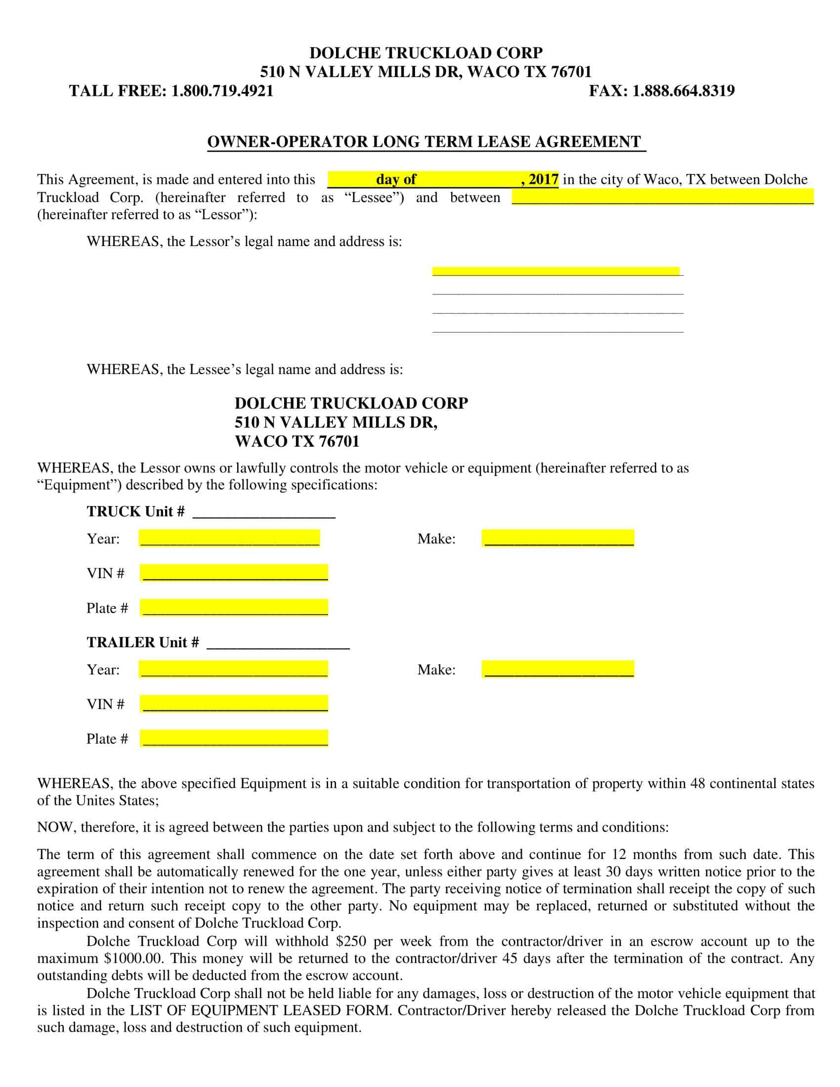 sample truck lease agreement template