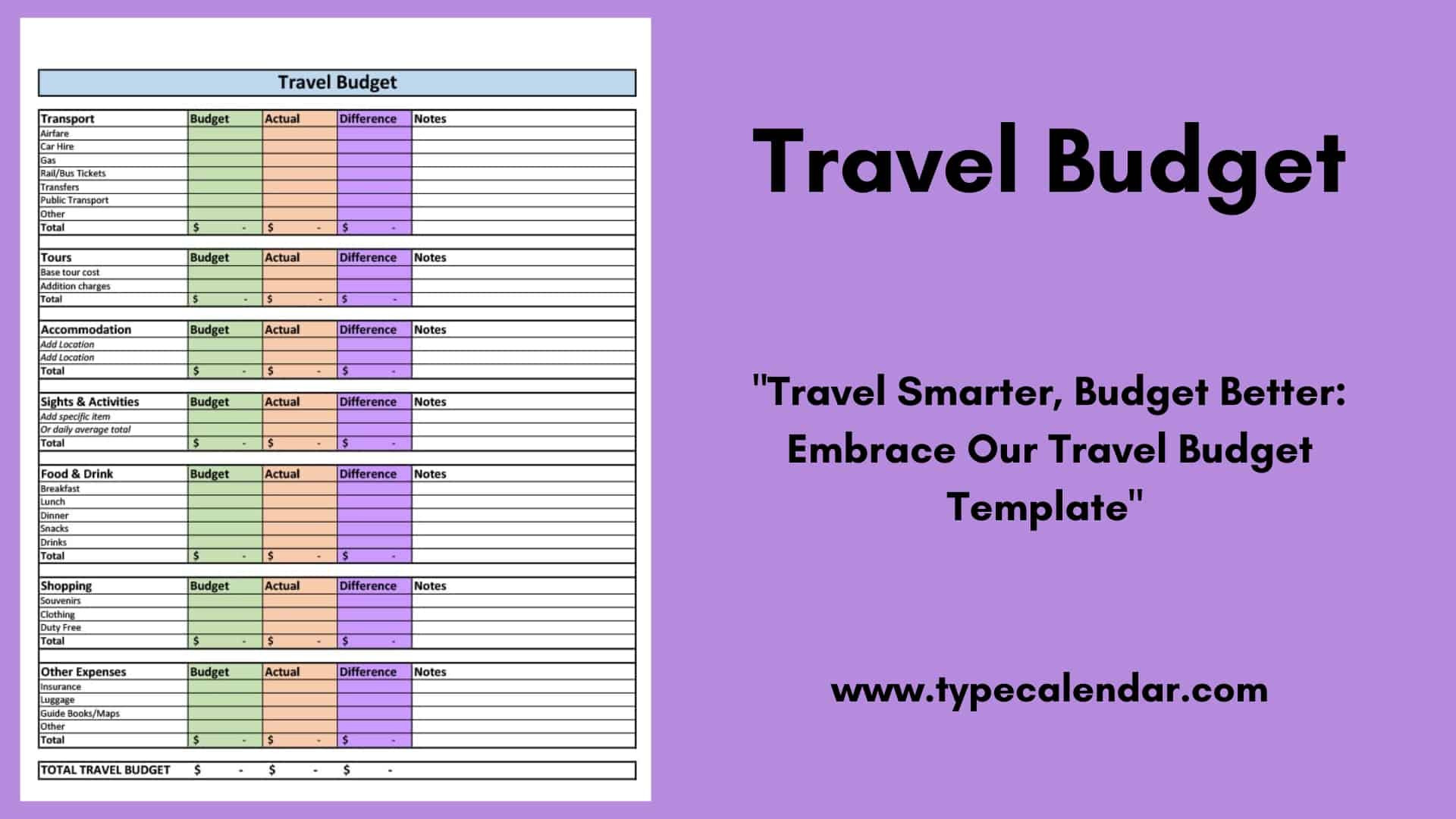 sample vacation budget template