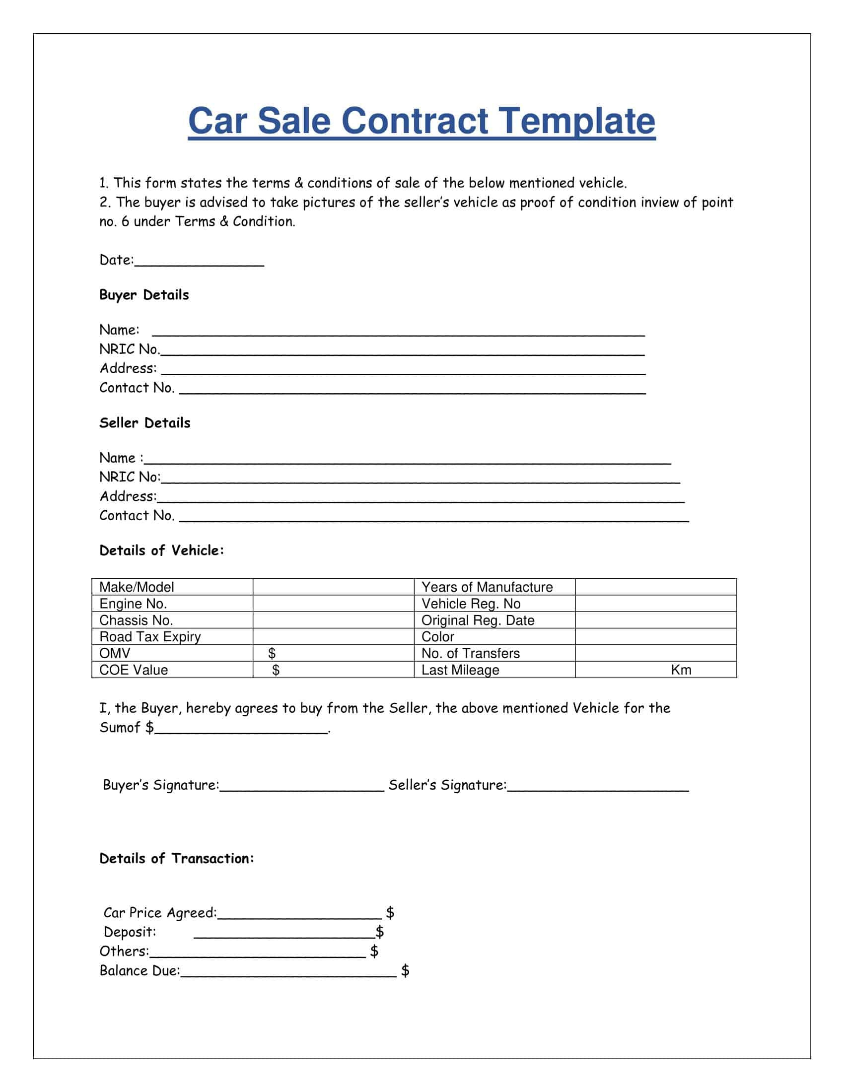 sample private car sales agreement template