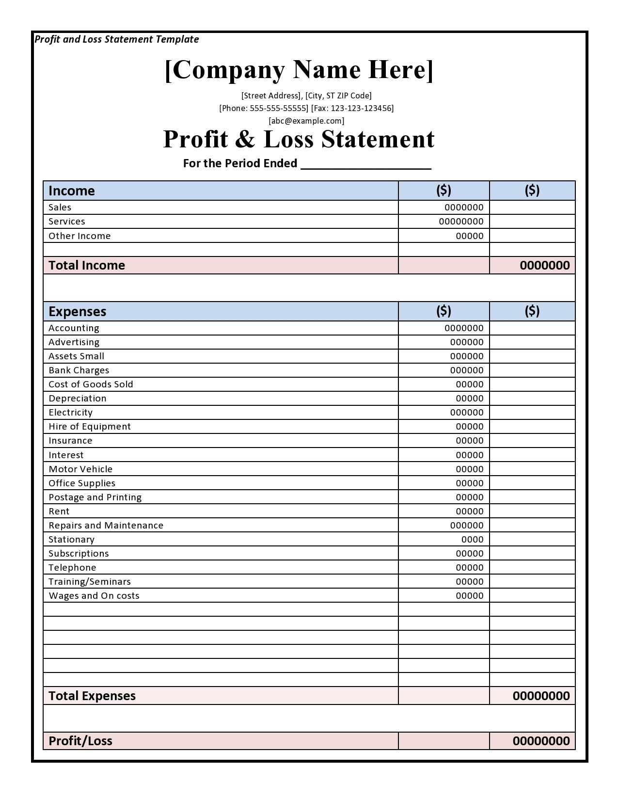 sample year to date profit and loss statement template