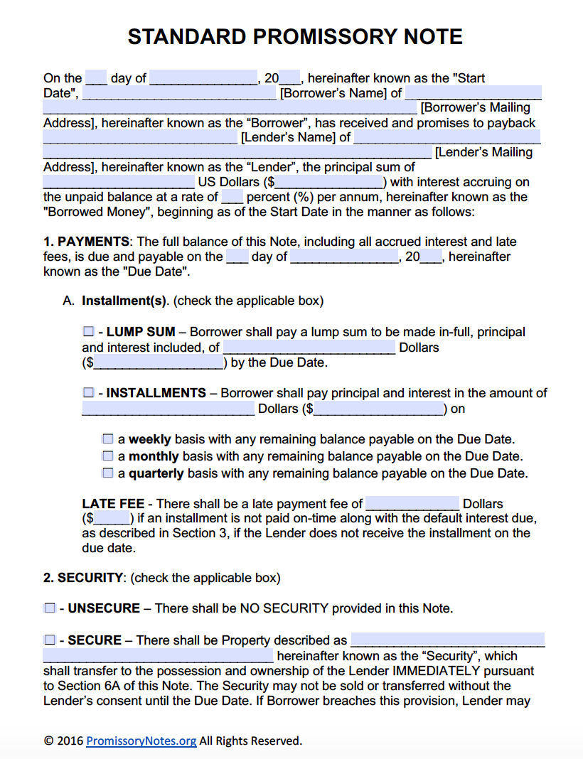 sample promissory agreement template