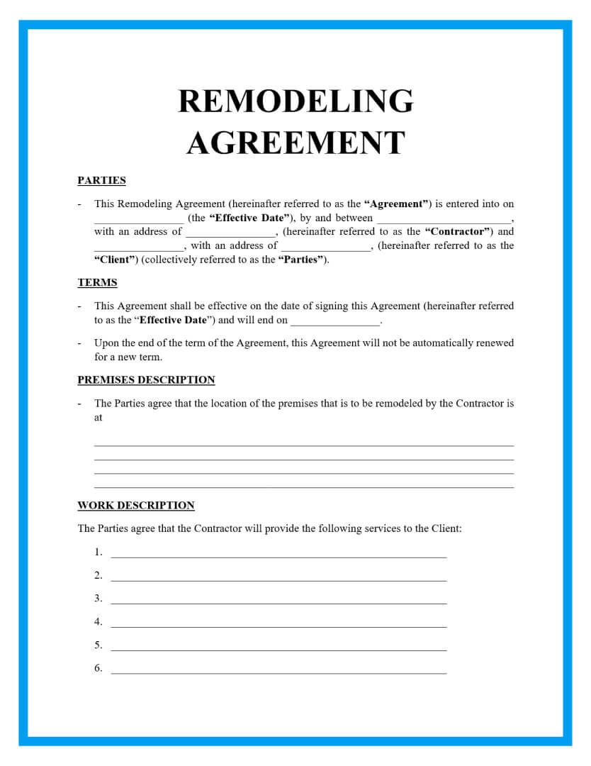 sample renovation agreement template