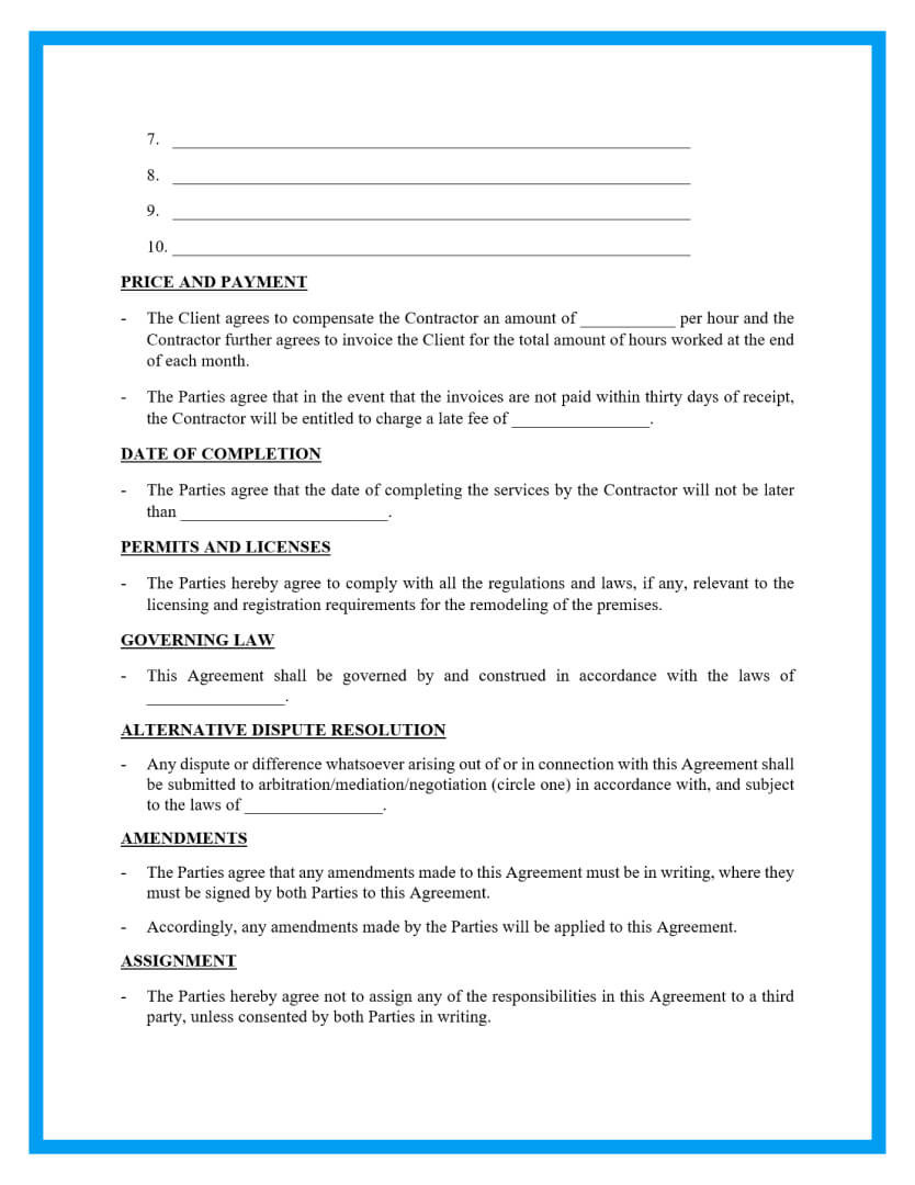 sample renovation agreement template