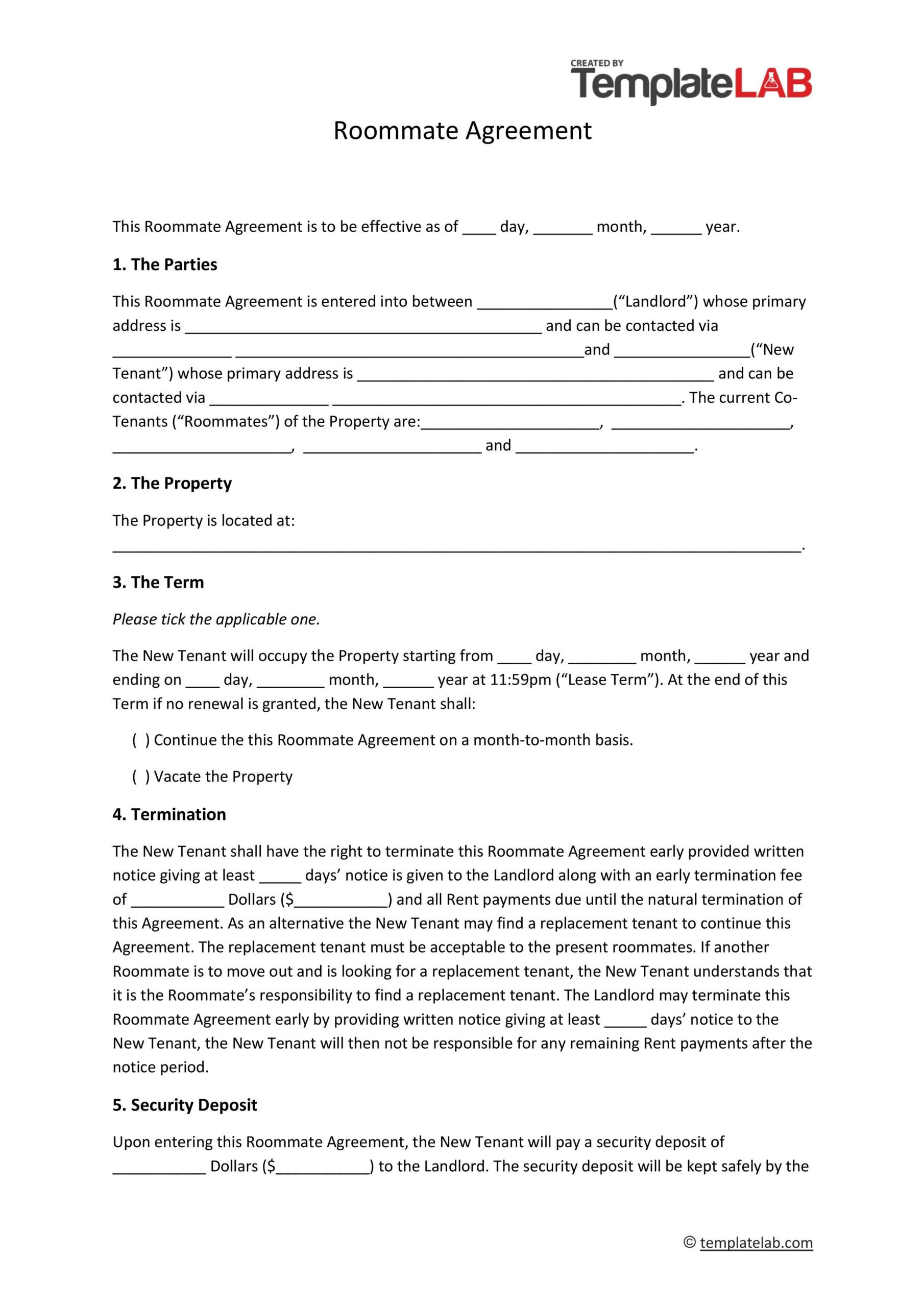 sample roommate agreement template