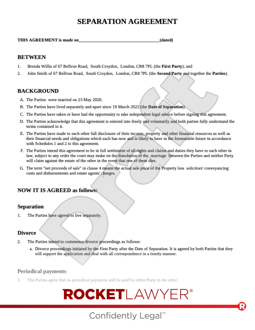 sample separate agreement template