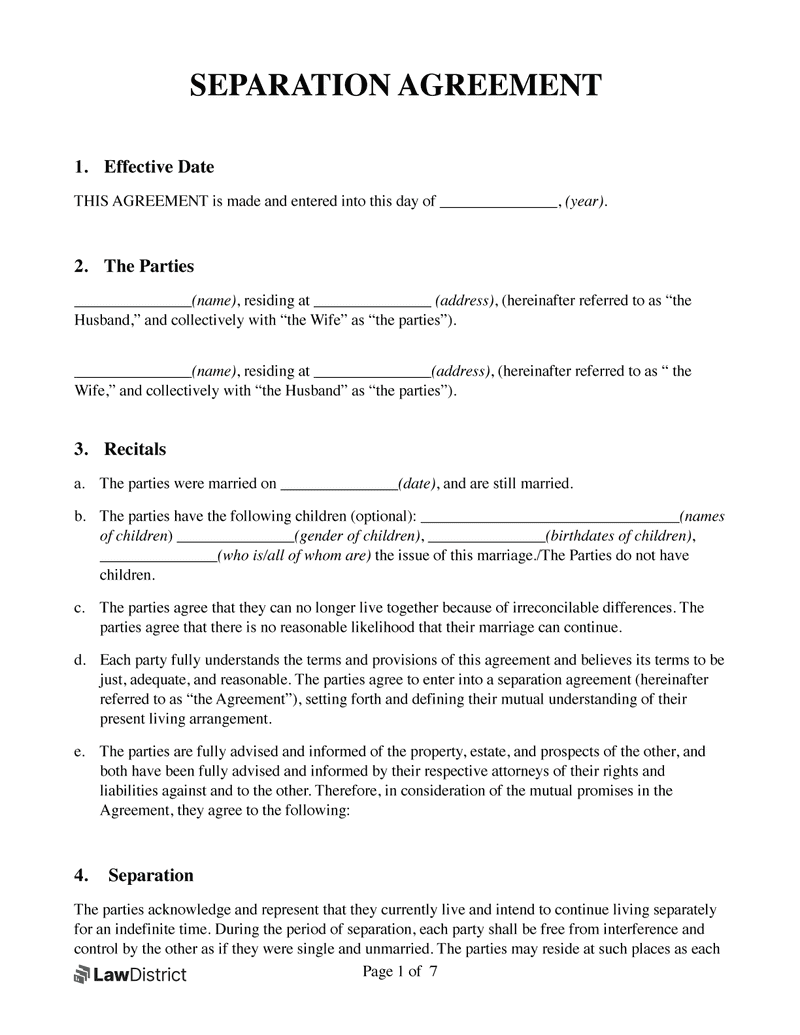 sample separate agreement template