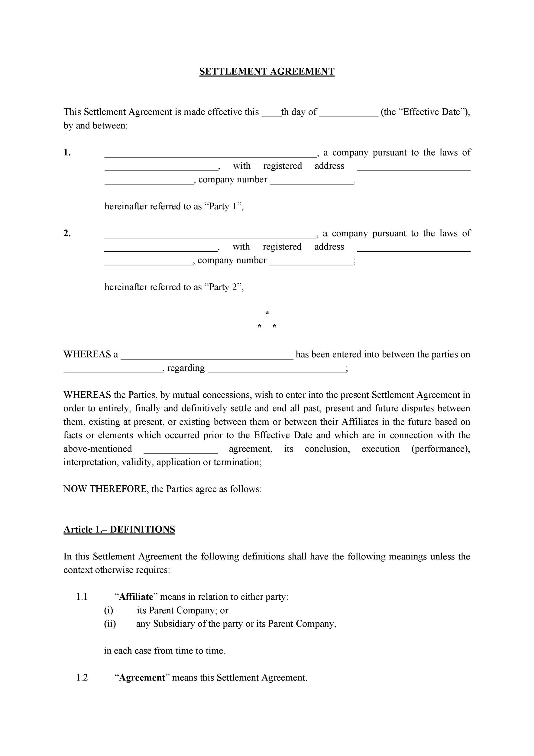 sample Settlement Agreement Template