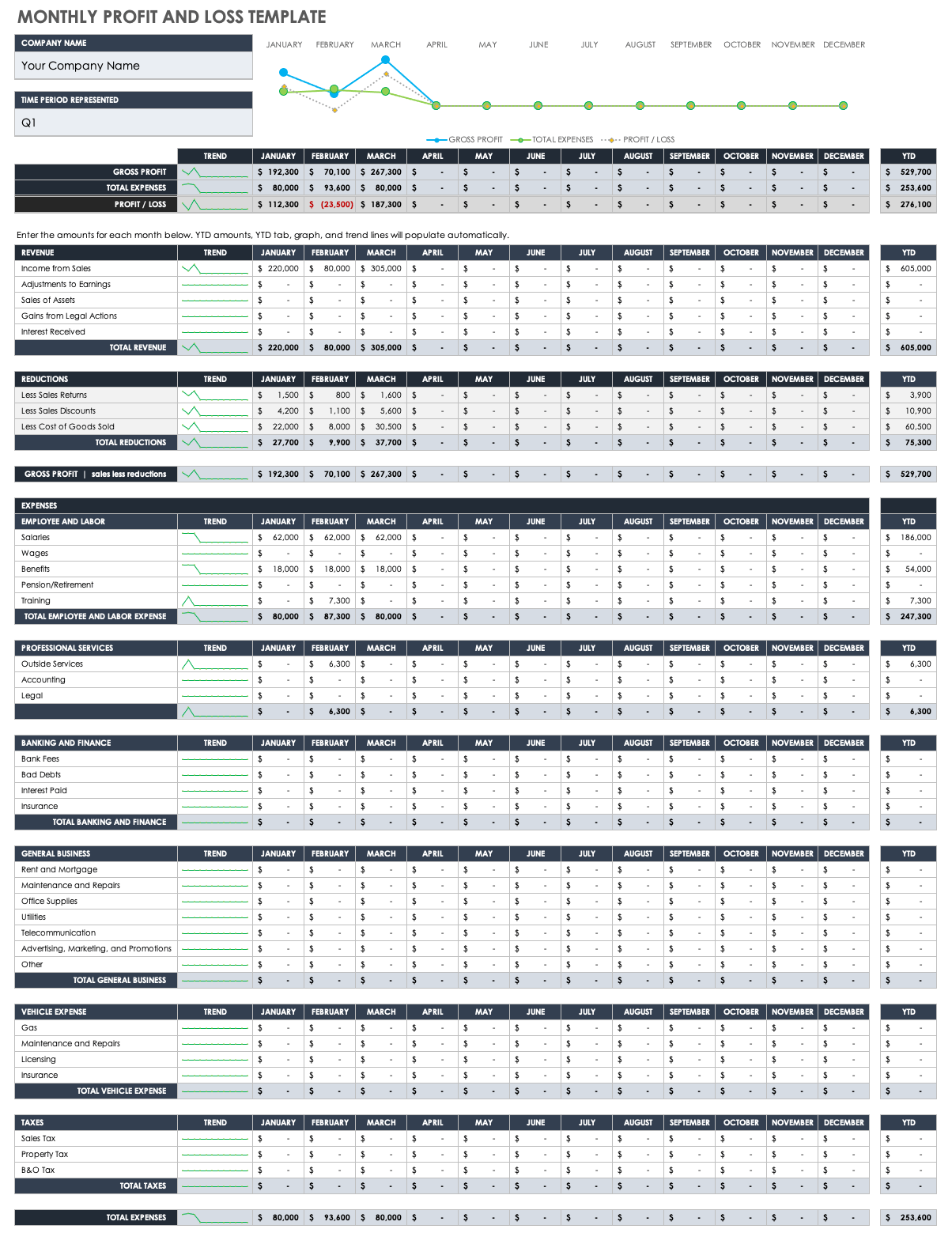 sample small business profit and loss template