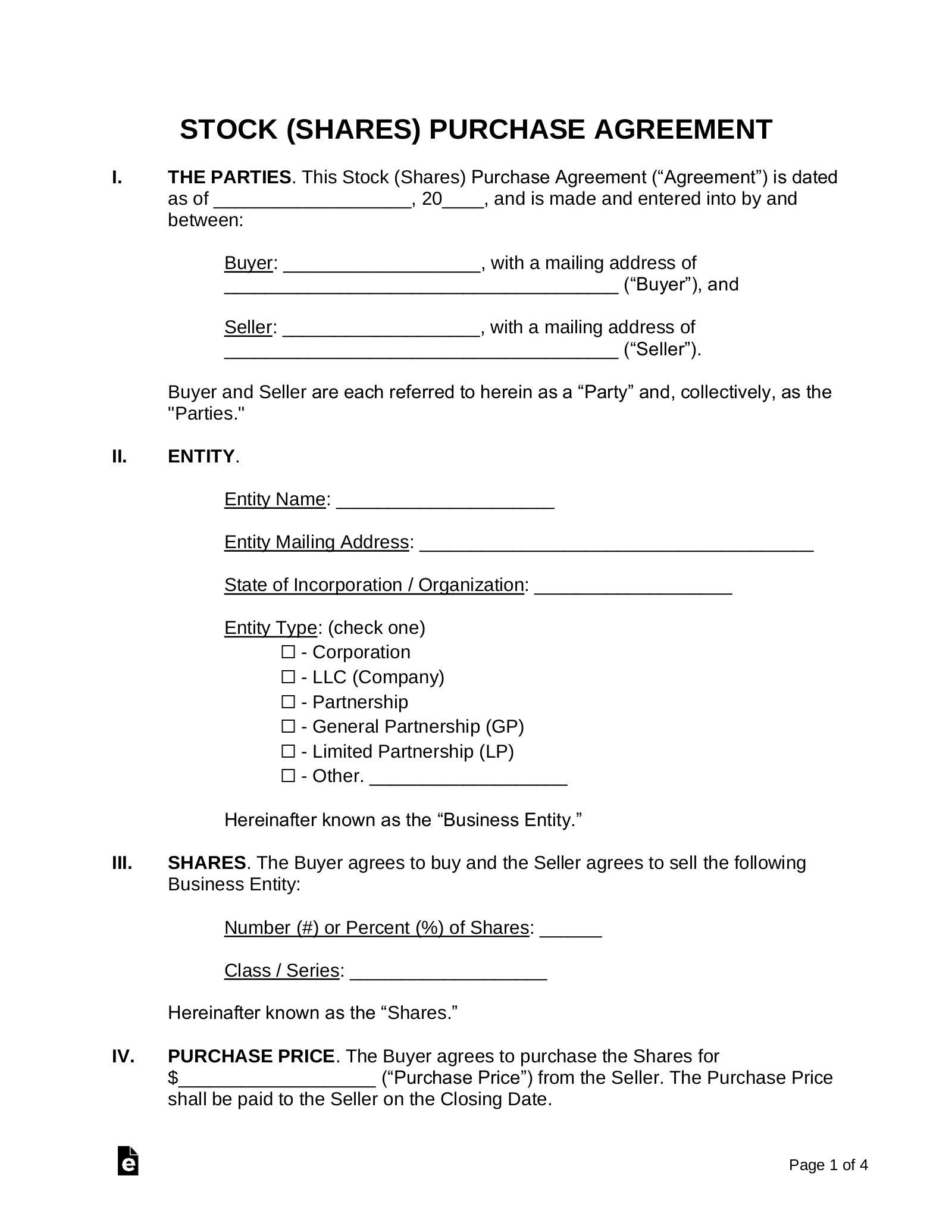 sample Stock Purchase Agreement Template