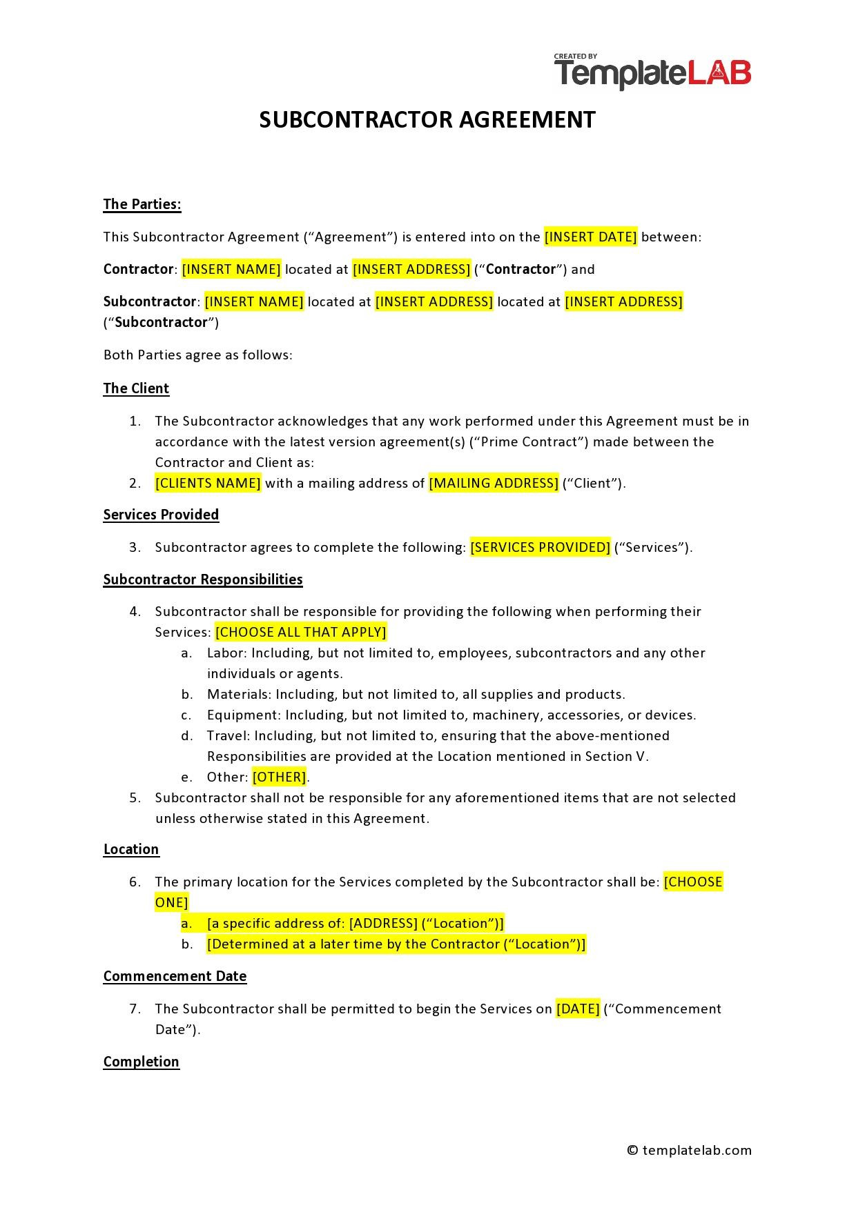 sample Sub Contractor Agreement Template