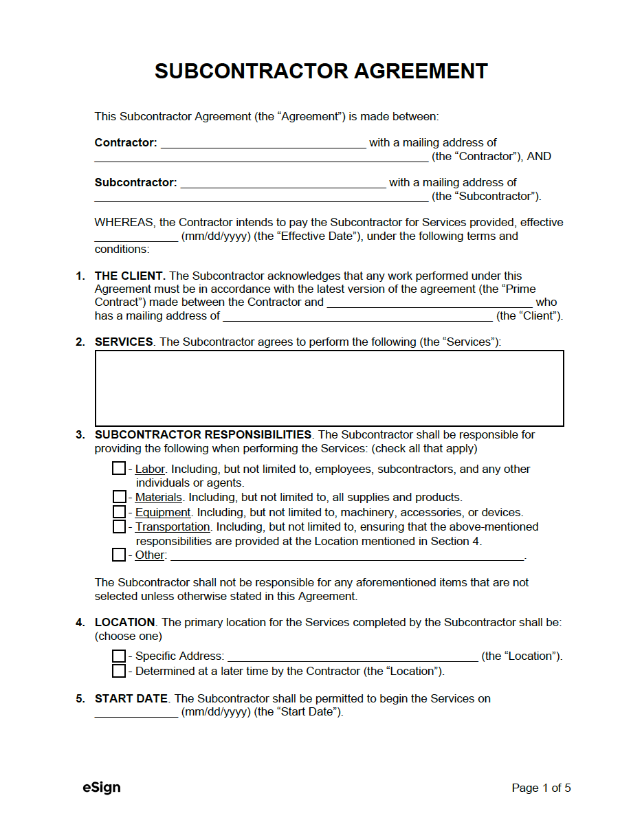 sample Sub Contractor Agreement Template