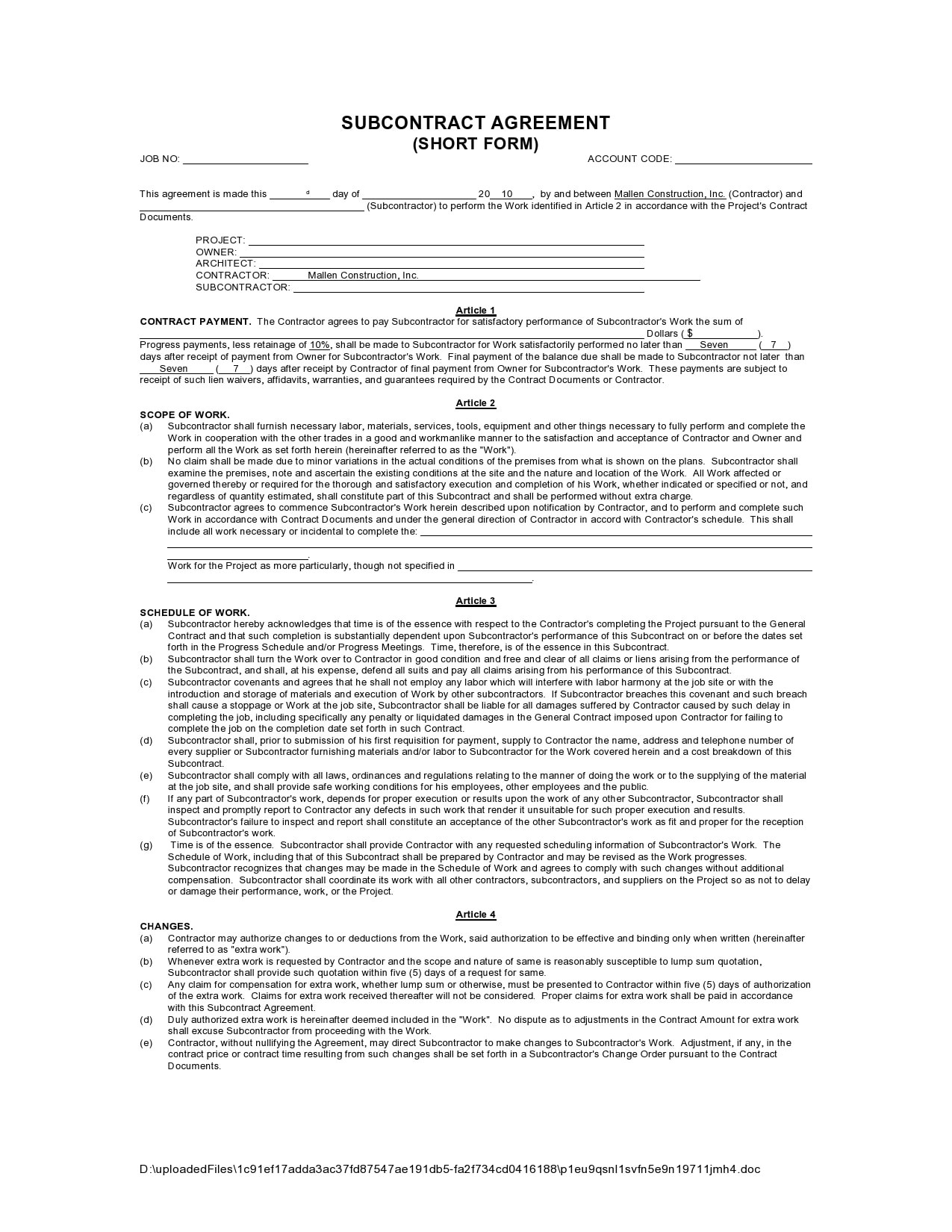 sample Sub Contractor Agreement Template