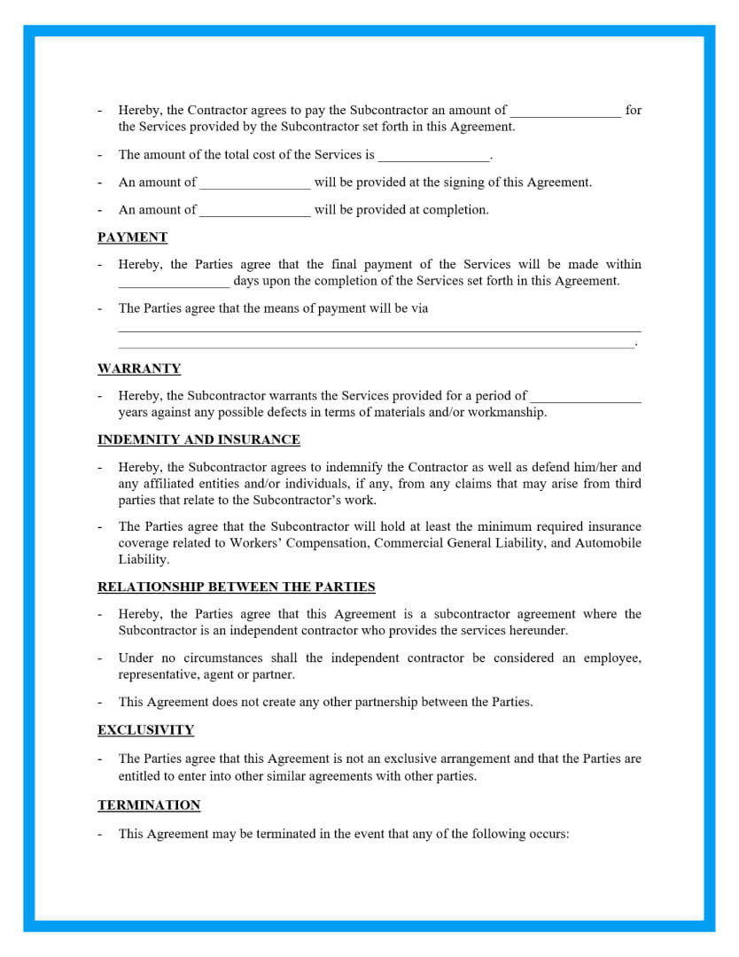 sample Sub Contractor Agreement Template