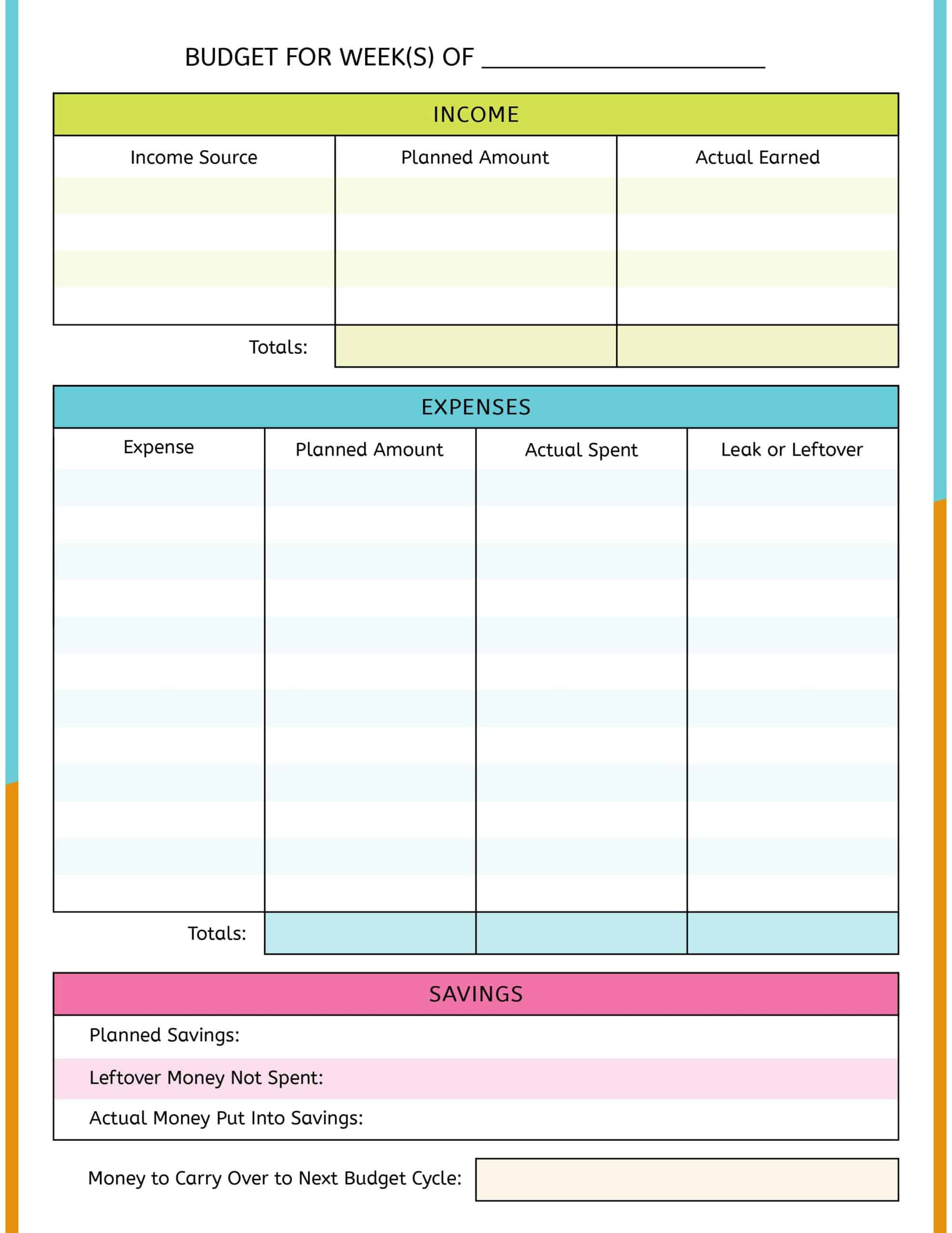 sample teenage budget template