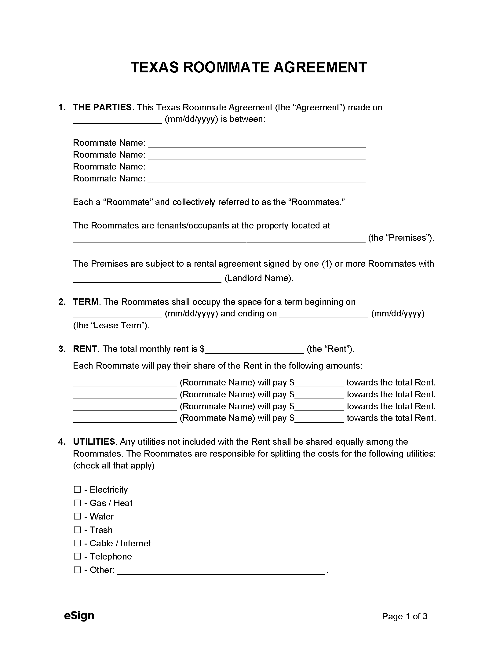 sample roommate agreement template