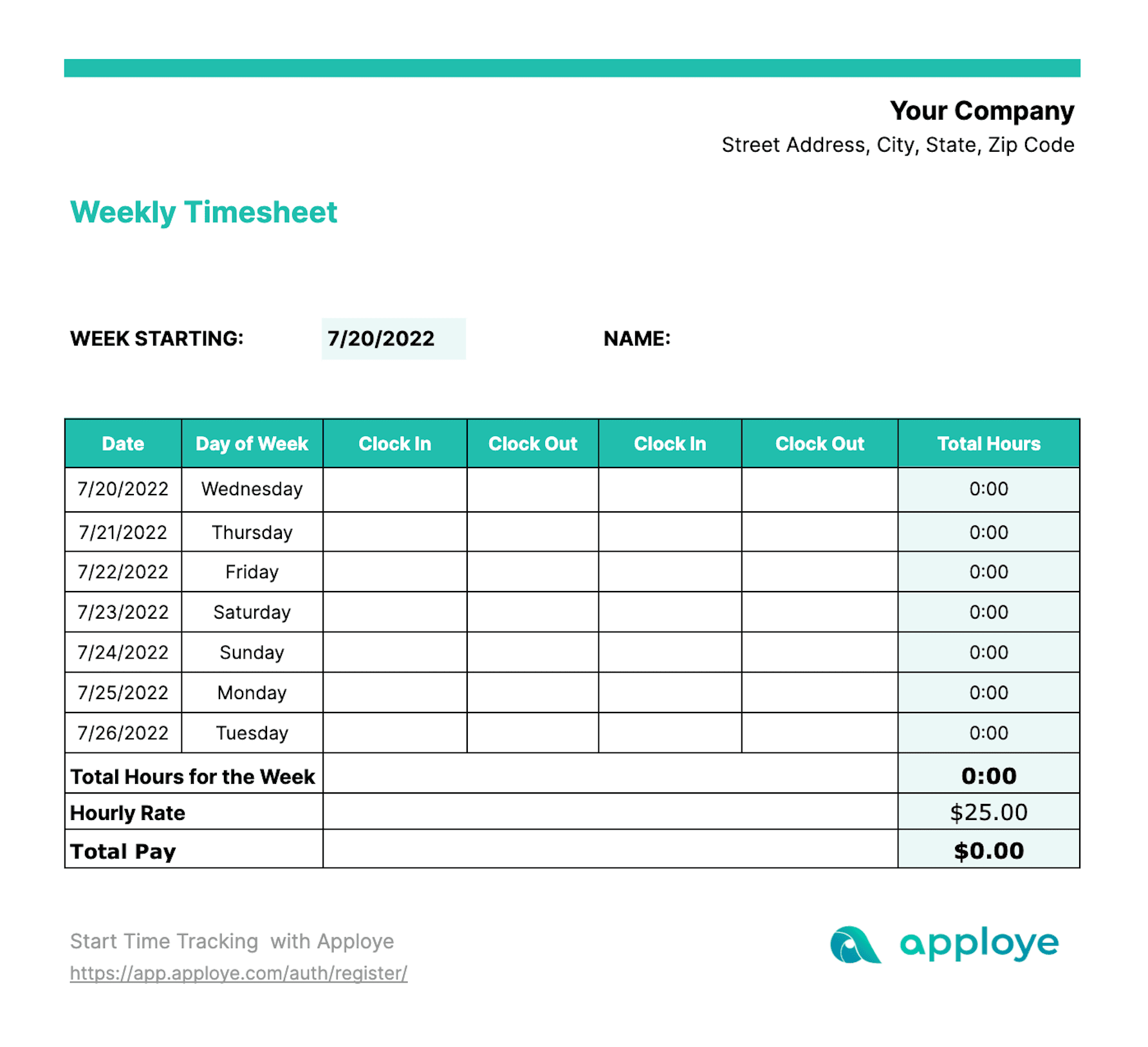 sample timesheet with lunch template