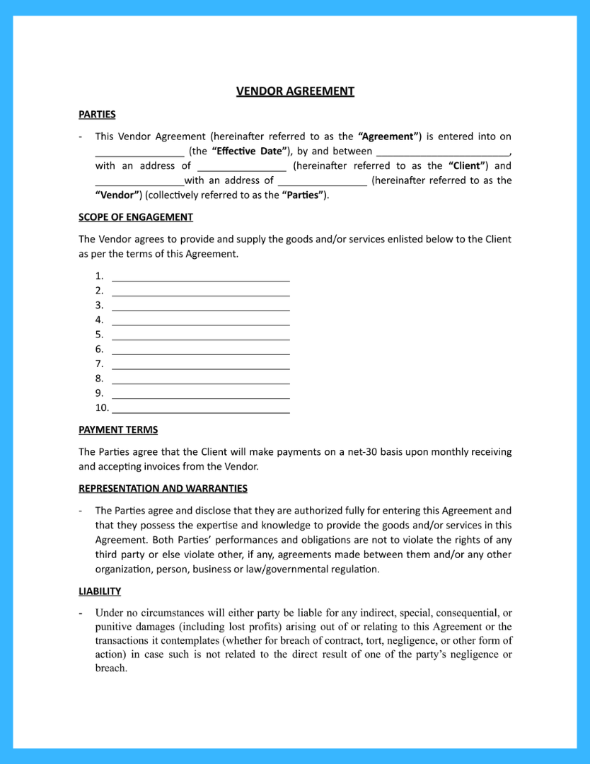 sample Vendor Agreement Template