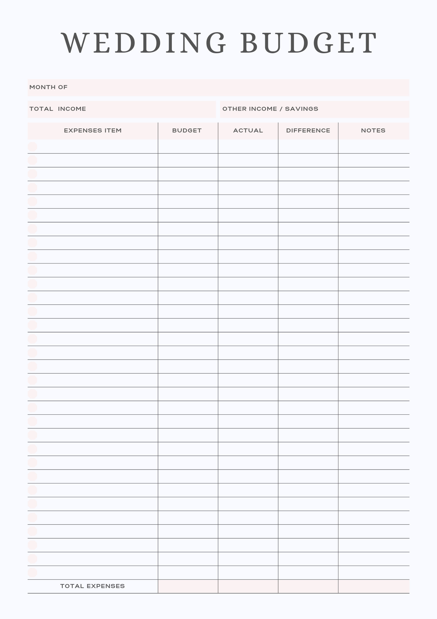 sample wedding budget template