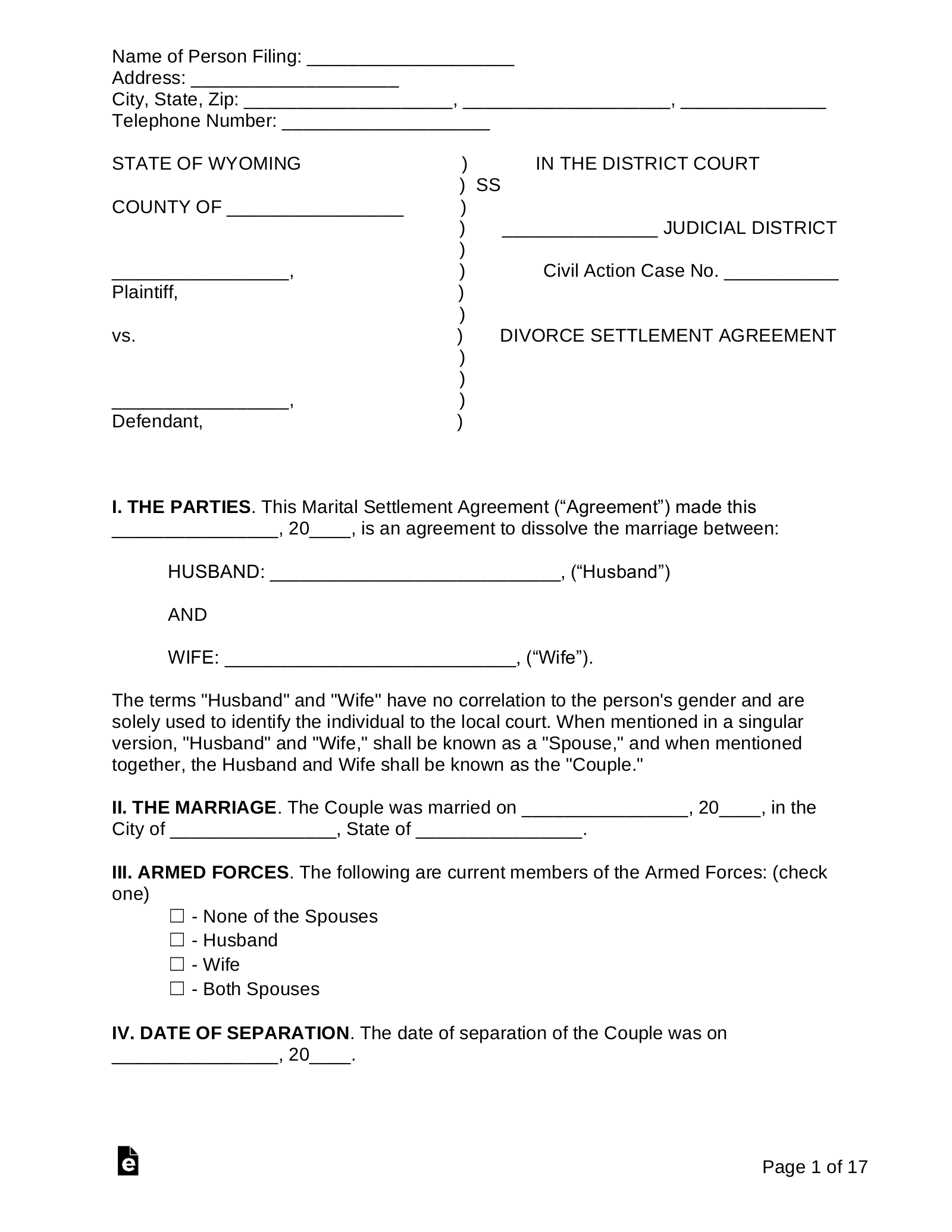 sample divorce agreement template