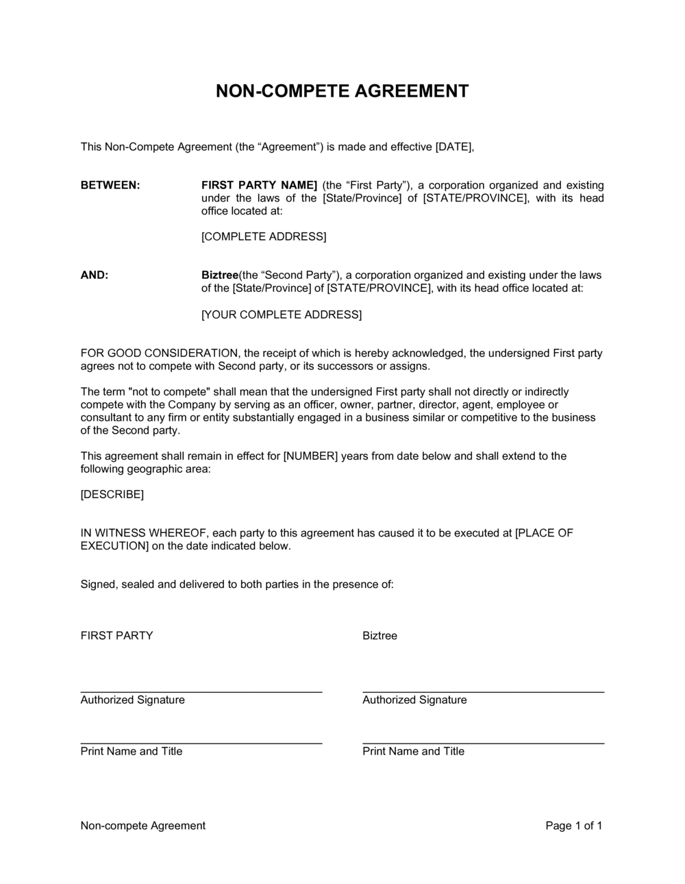 sample non competition agreement template