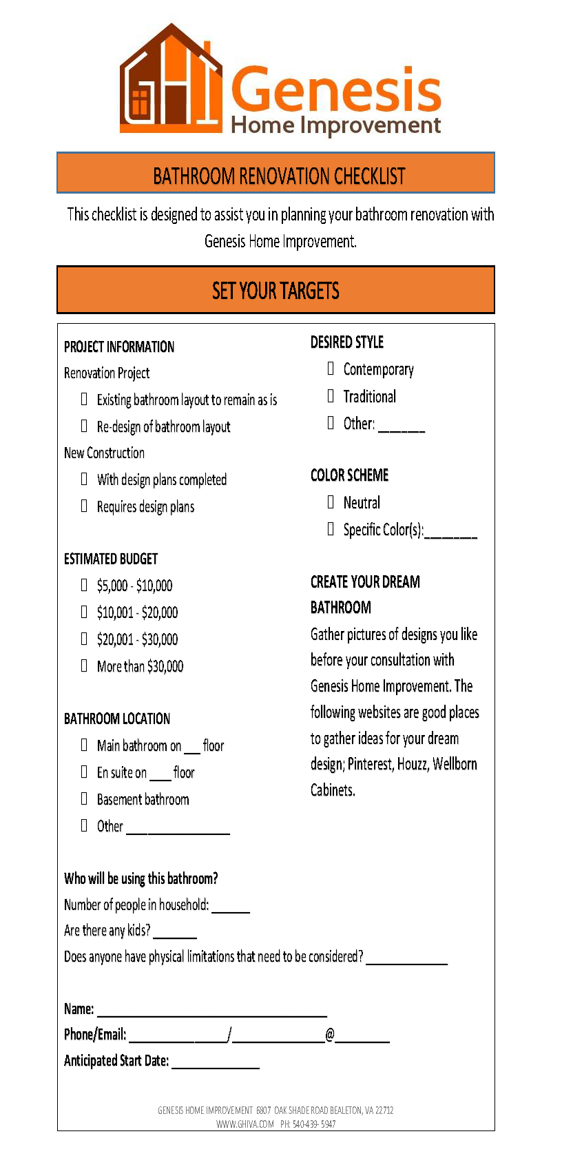 sample bathroom remodel checklist template