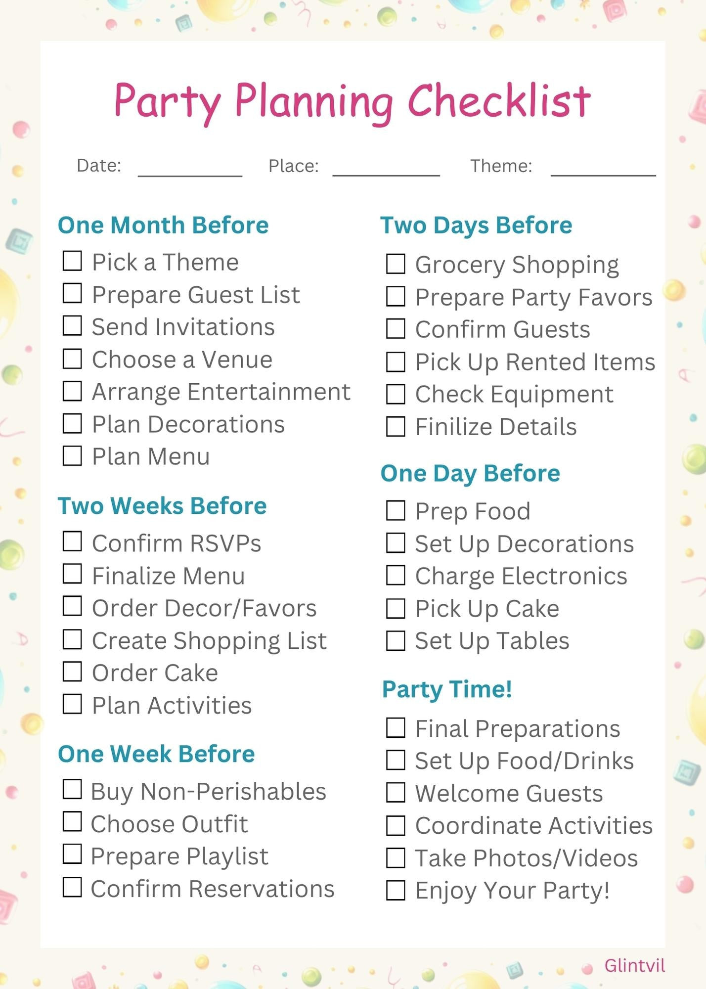 Glintvil Party Planning Checklist