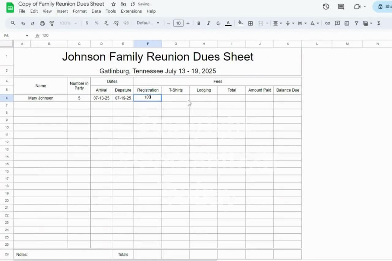 sample family reunion budget template