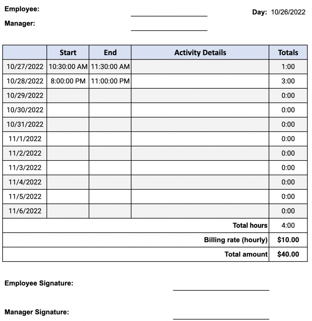 sample contractor timesheet template