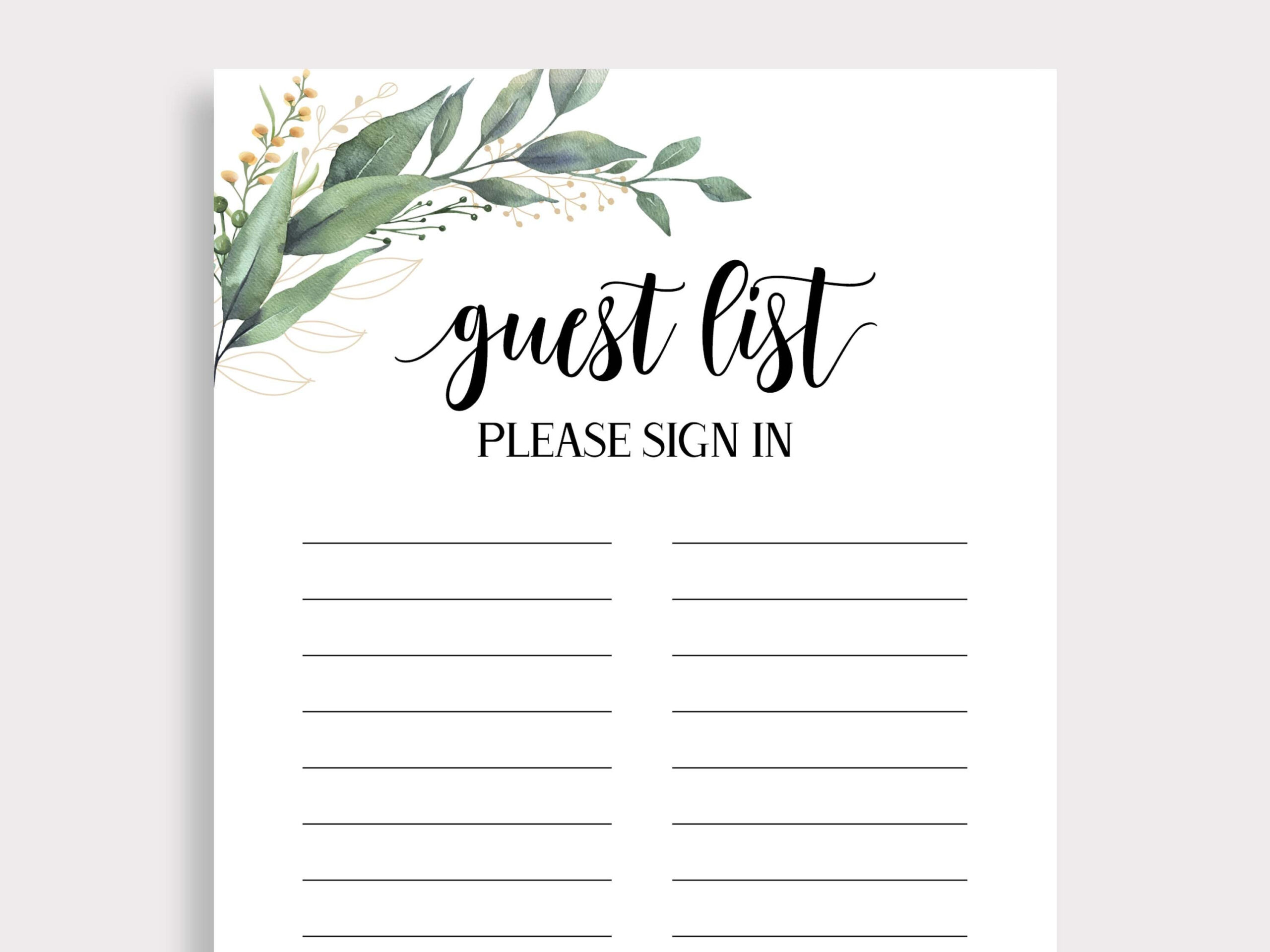 Greenery Guest List, Bridal Shower Guest List, Please Sign In Baby Shower Guest List, Guest Checklist Guestbook Sign, C, C, D, D