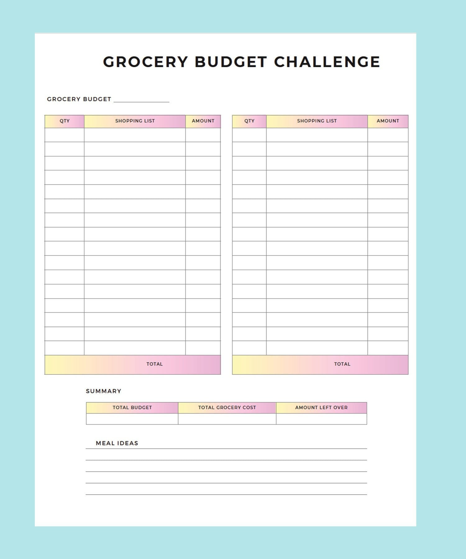 sample grocery budget template