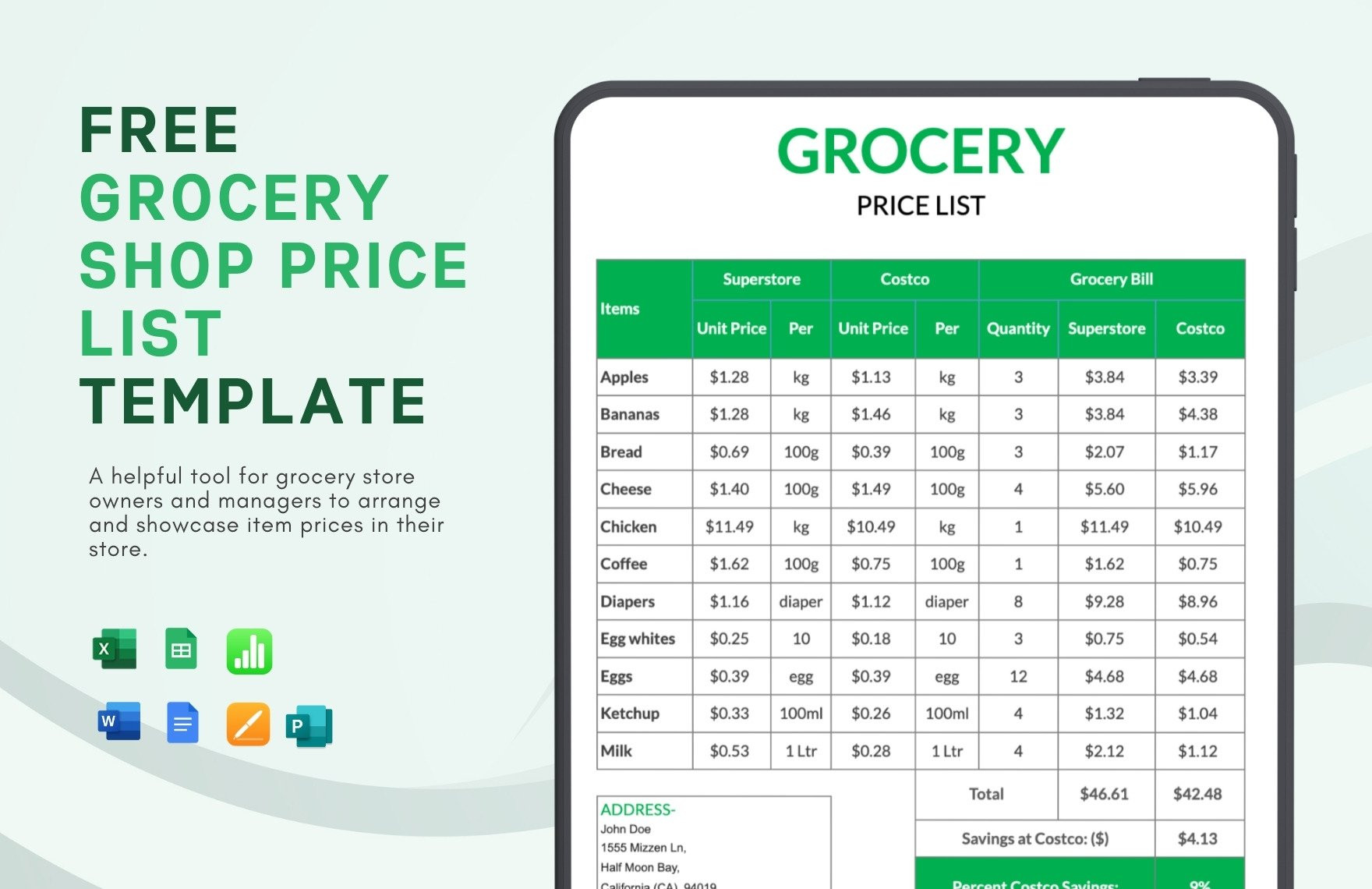 sample Grocery Price List Template