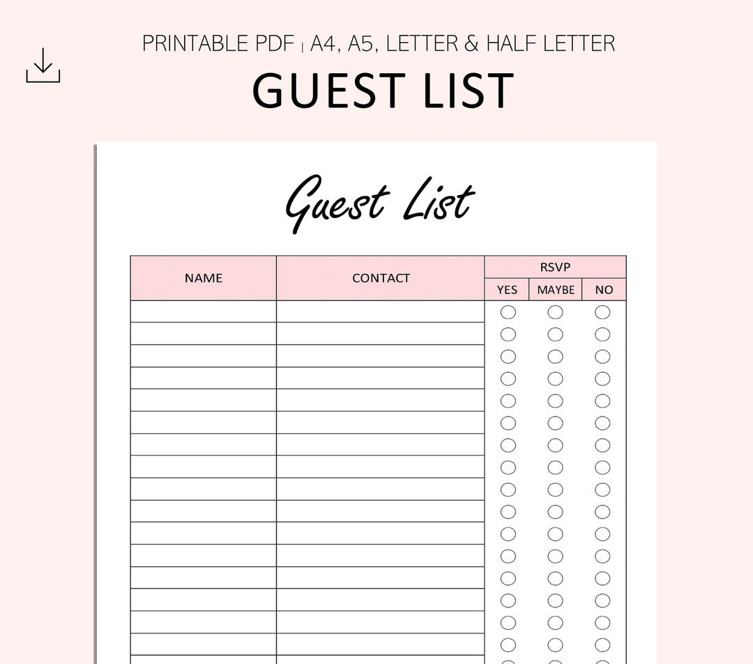 Guest List Event List Printable Event RSVP Tracker Party Invitation List Event Contact List PDF A A Letter Half Letter - Etsy