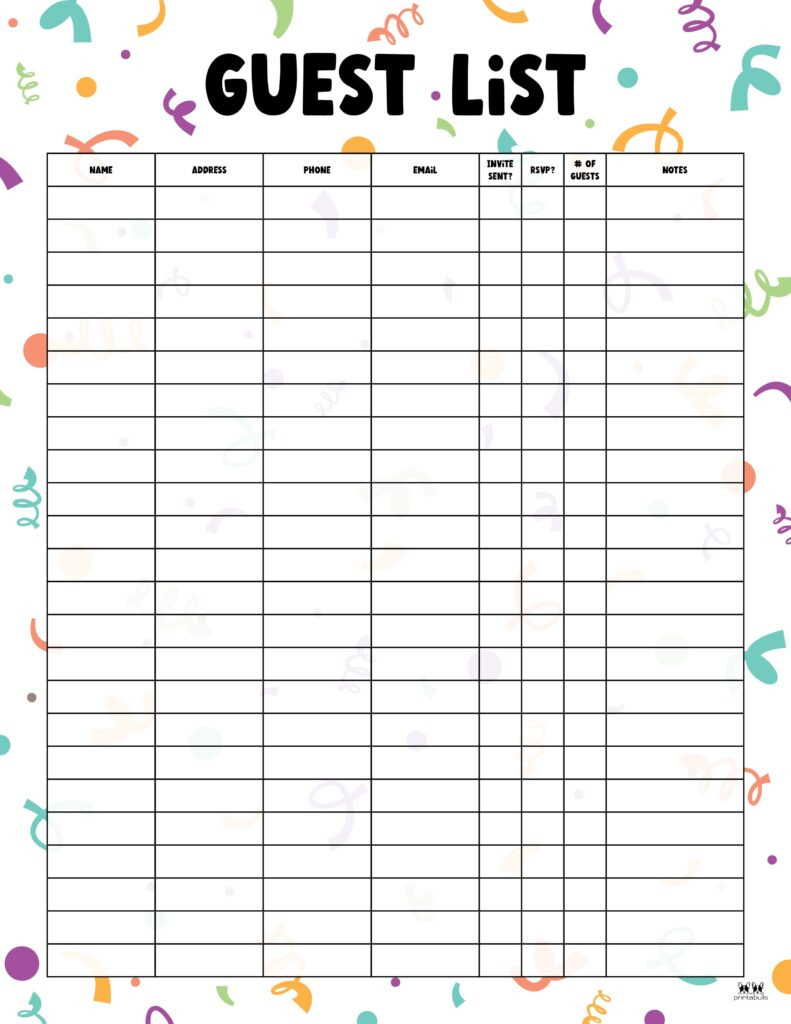 Guest List Templates - FREE Printables Printabulls