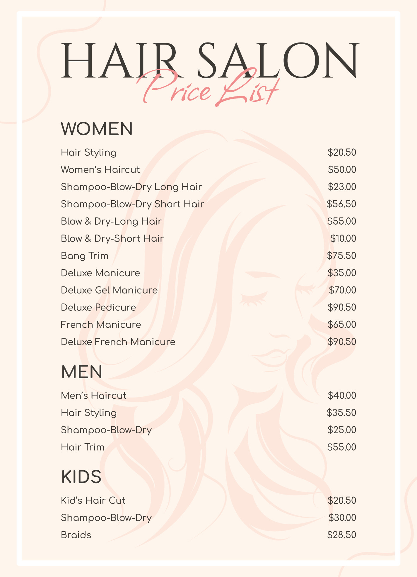 sample Hair Salon Price List Template