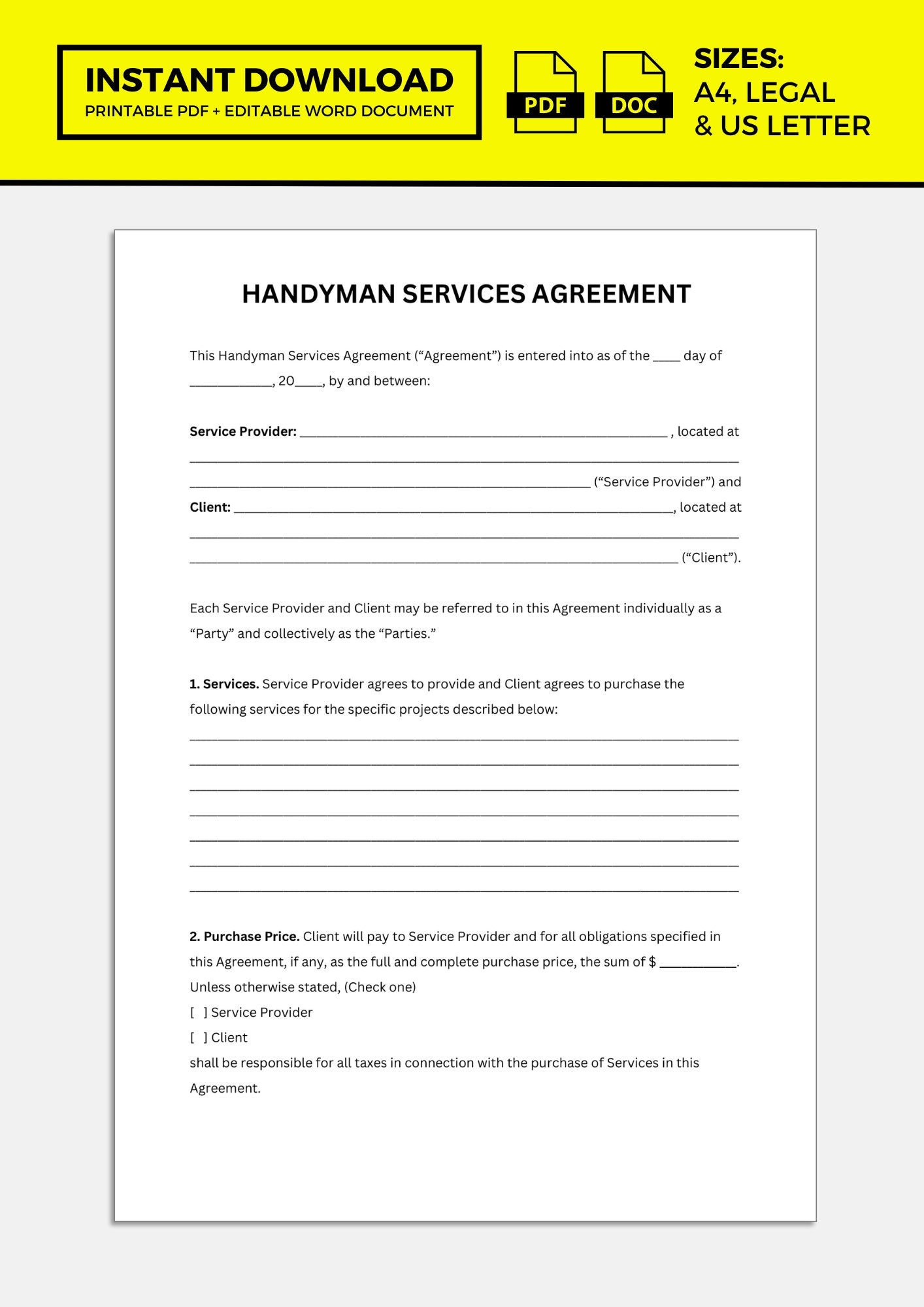 sample handyman agreement template