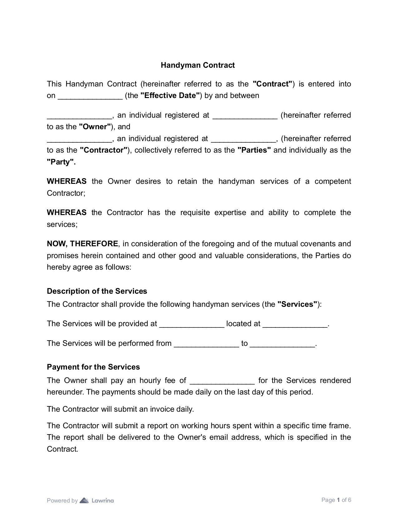 sample handyman agreement template