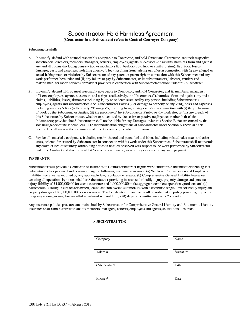 sample hold harmless agreement template