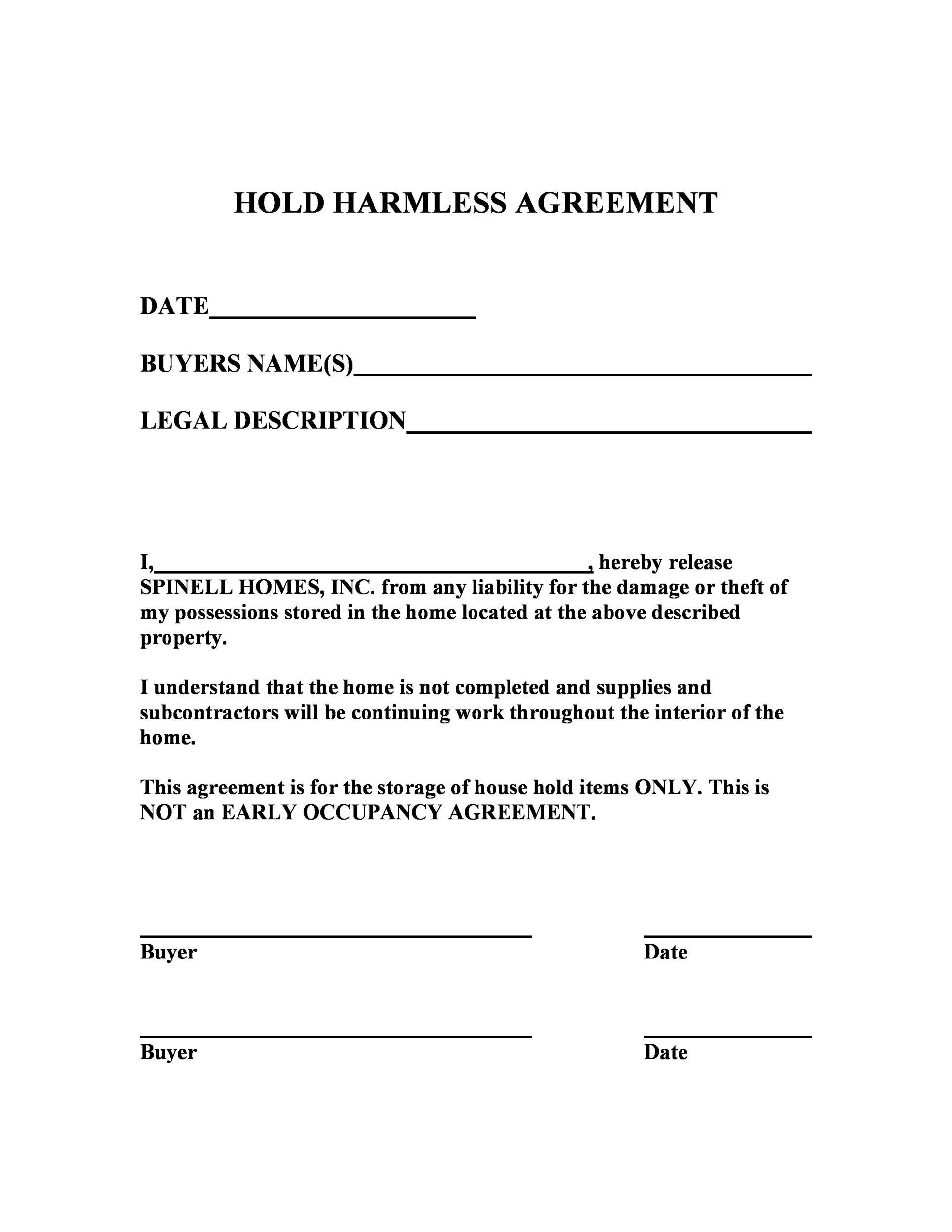 sample hold harmless agreement template