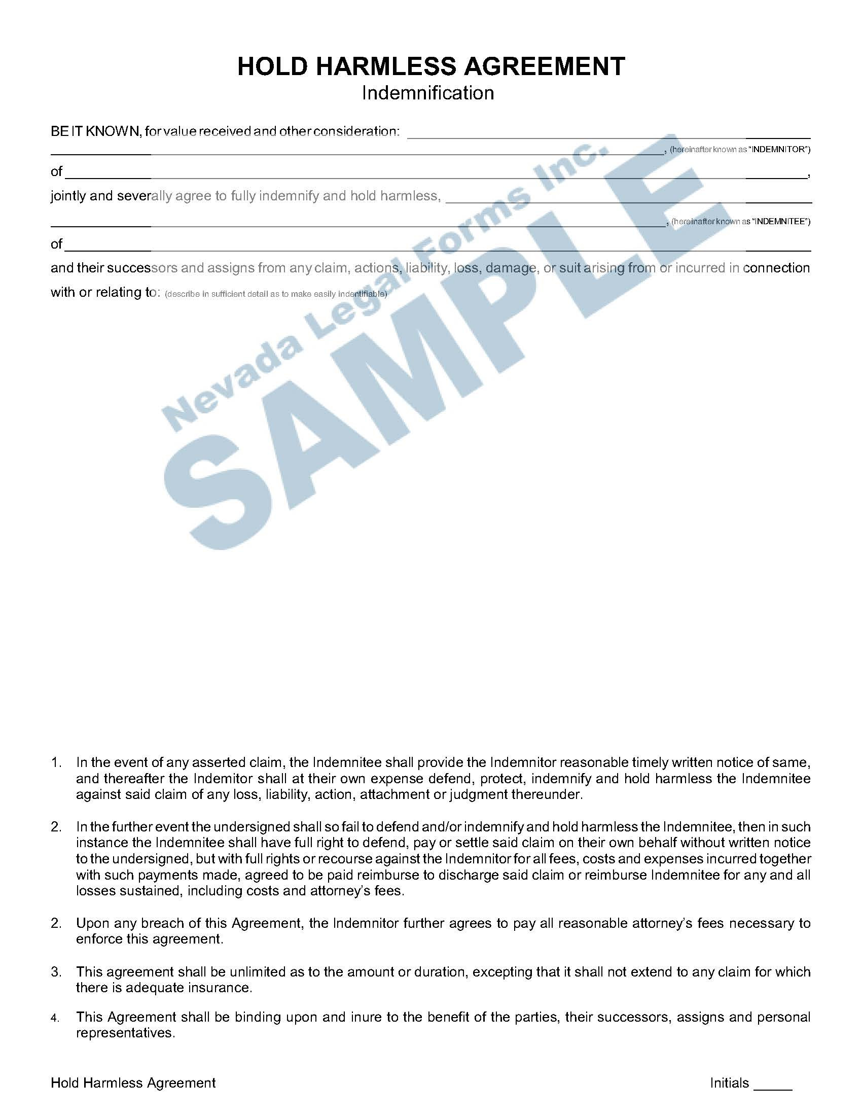 sample hold harmless agreement template