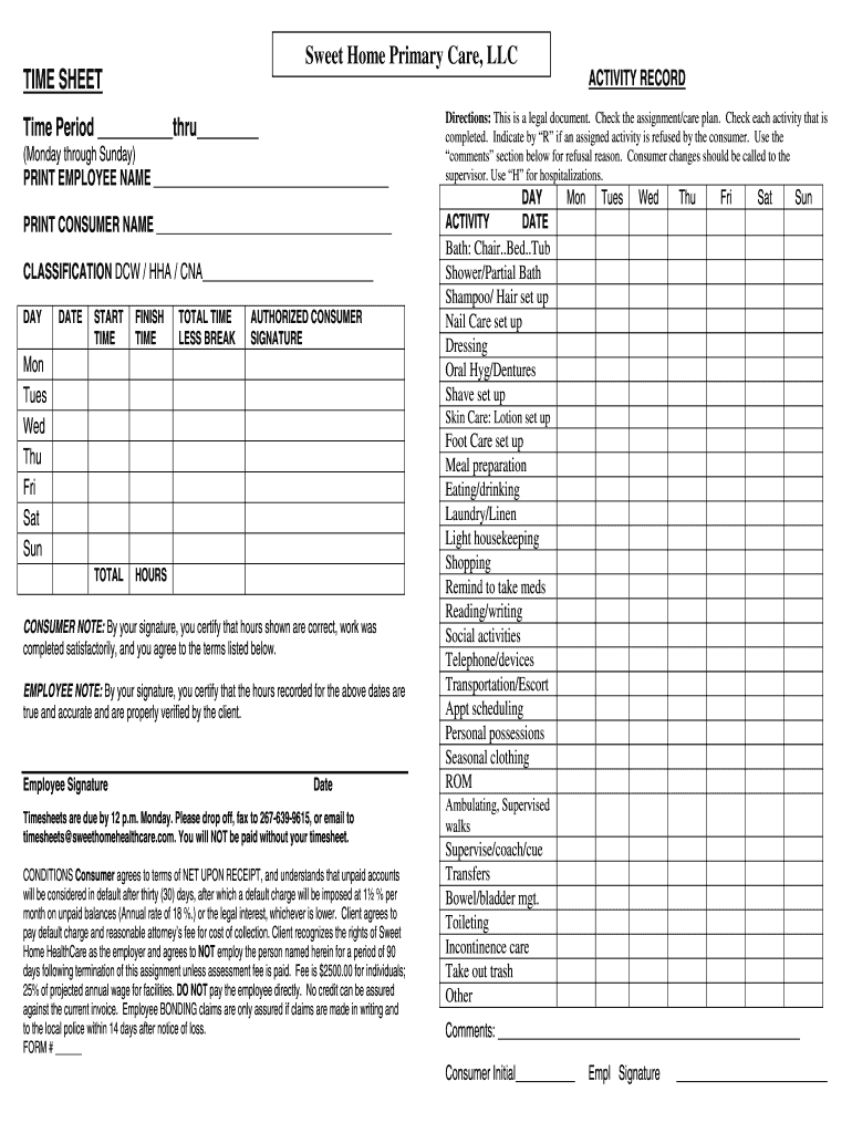 sample home health care timesheet template