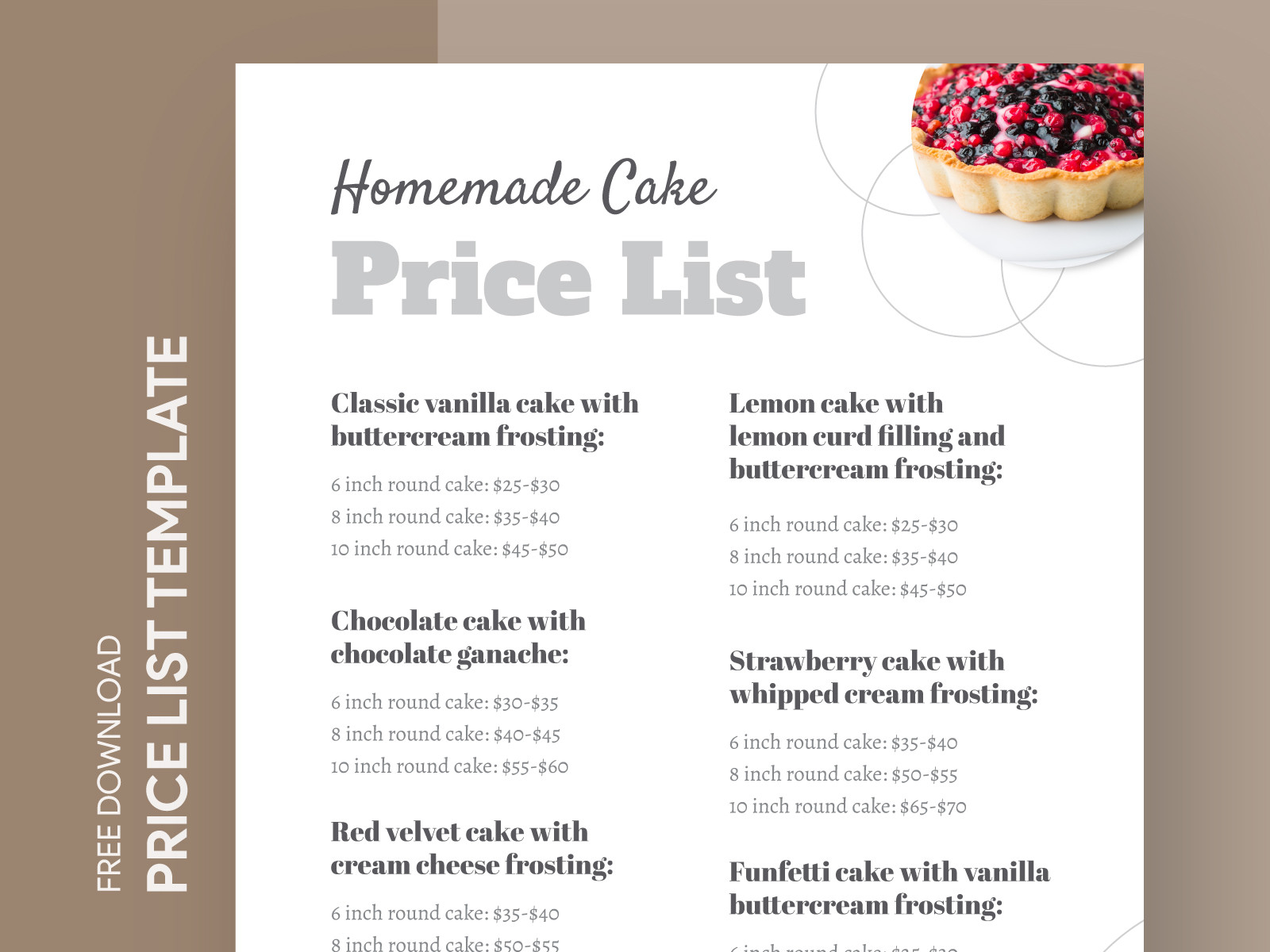 sample Homemade Cake Price List Template