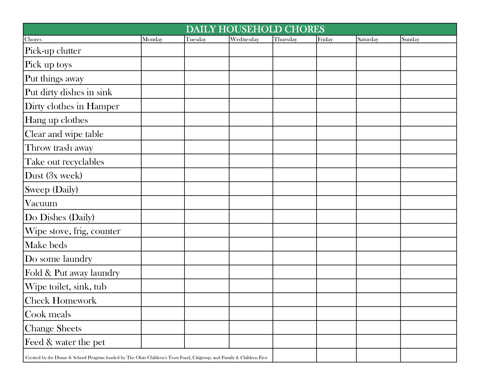 household chore chart template sample