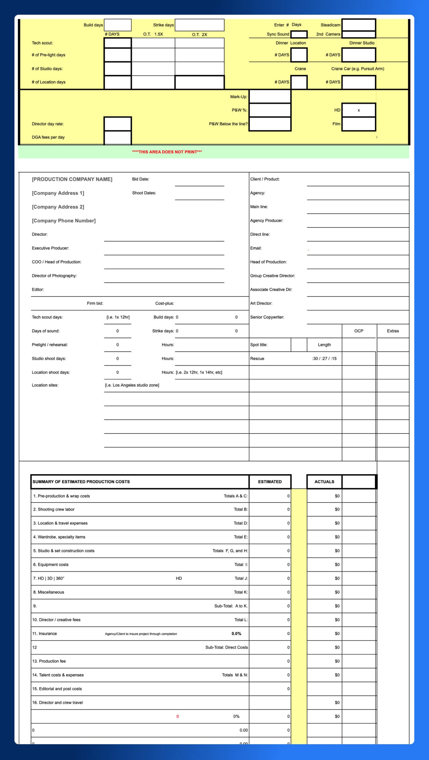 sample indie film budget template