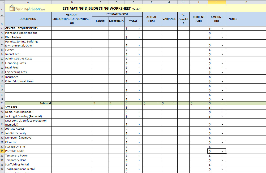 sample residential construction budget template