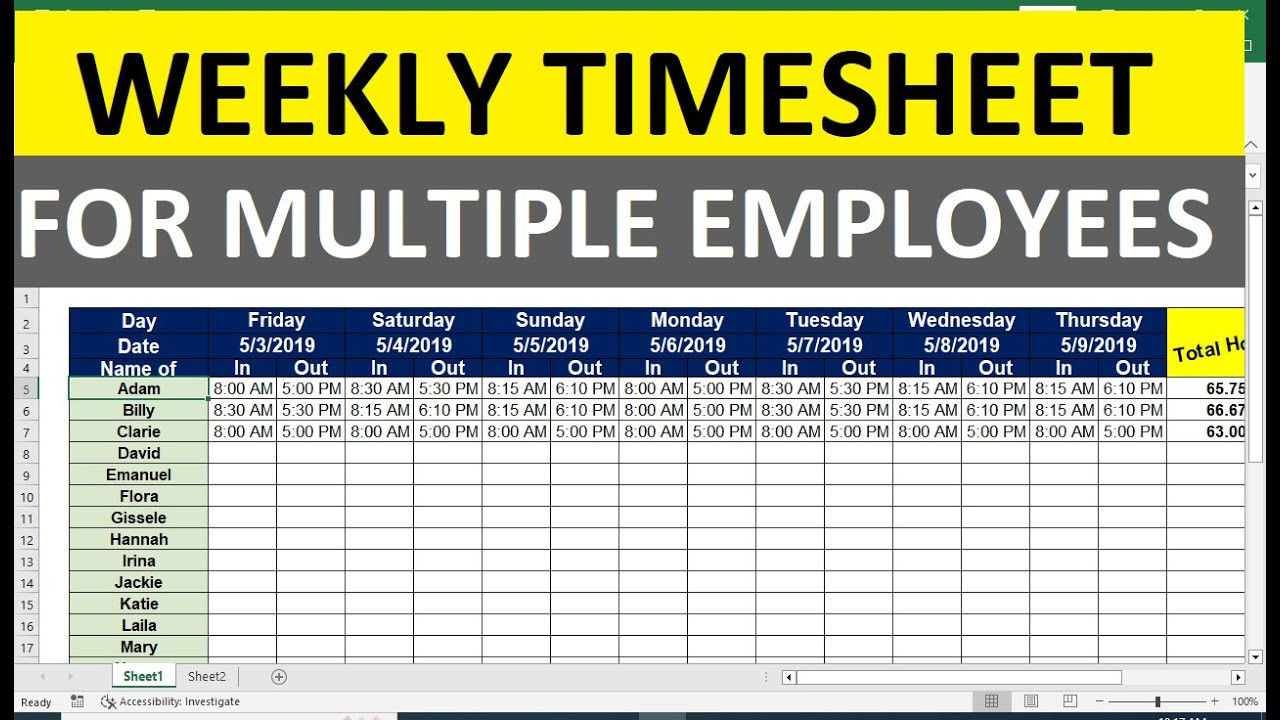 sample multiple employee weekly timesheet template